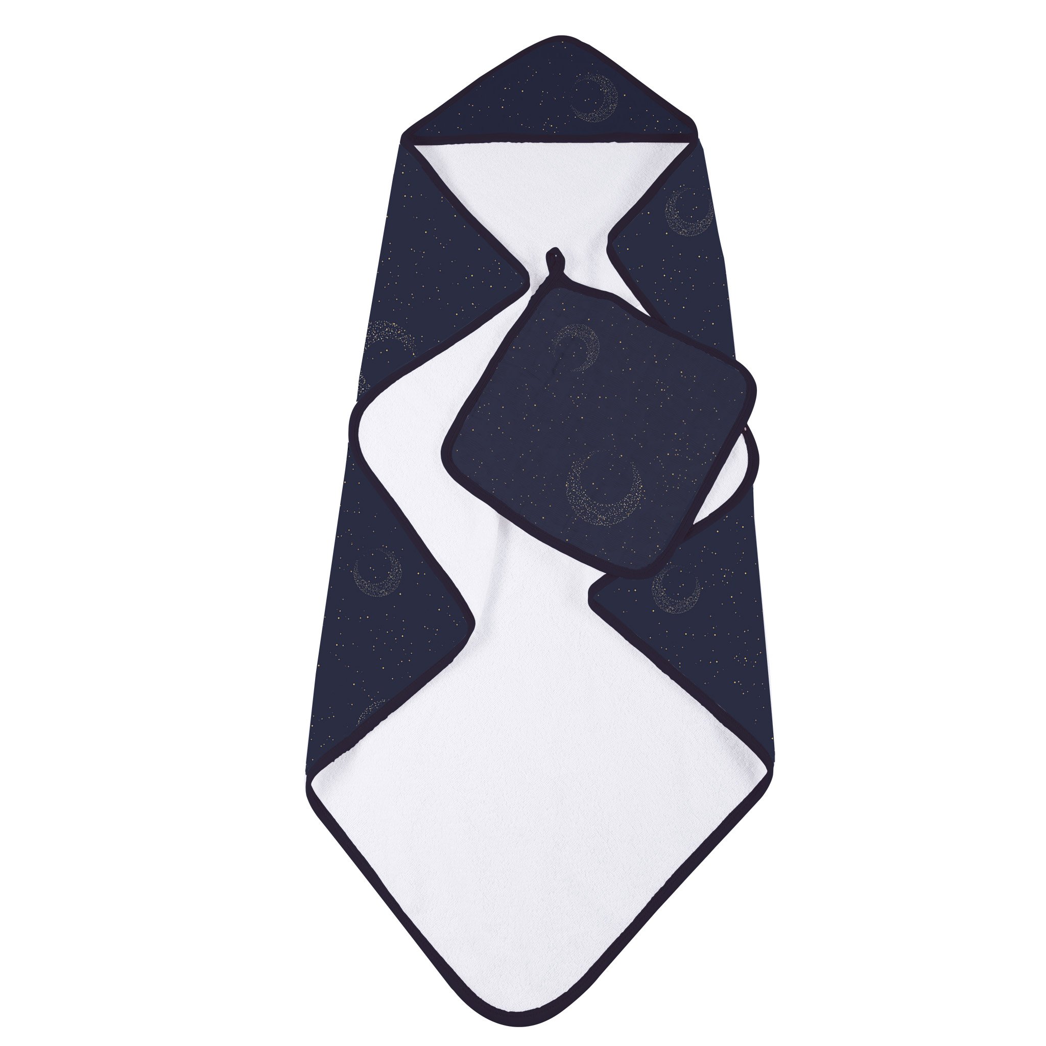 Midnight Moon Bamboo Hooded Towel and Washcloth Set featuring soft bamboo muslin fabric, perfect for keeping babies warm and dry.