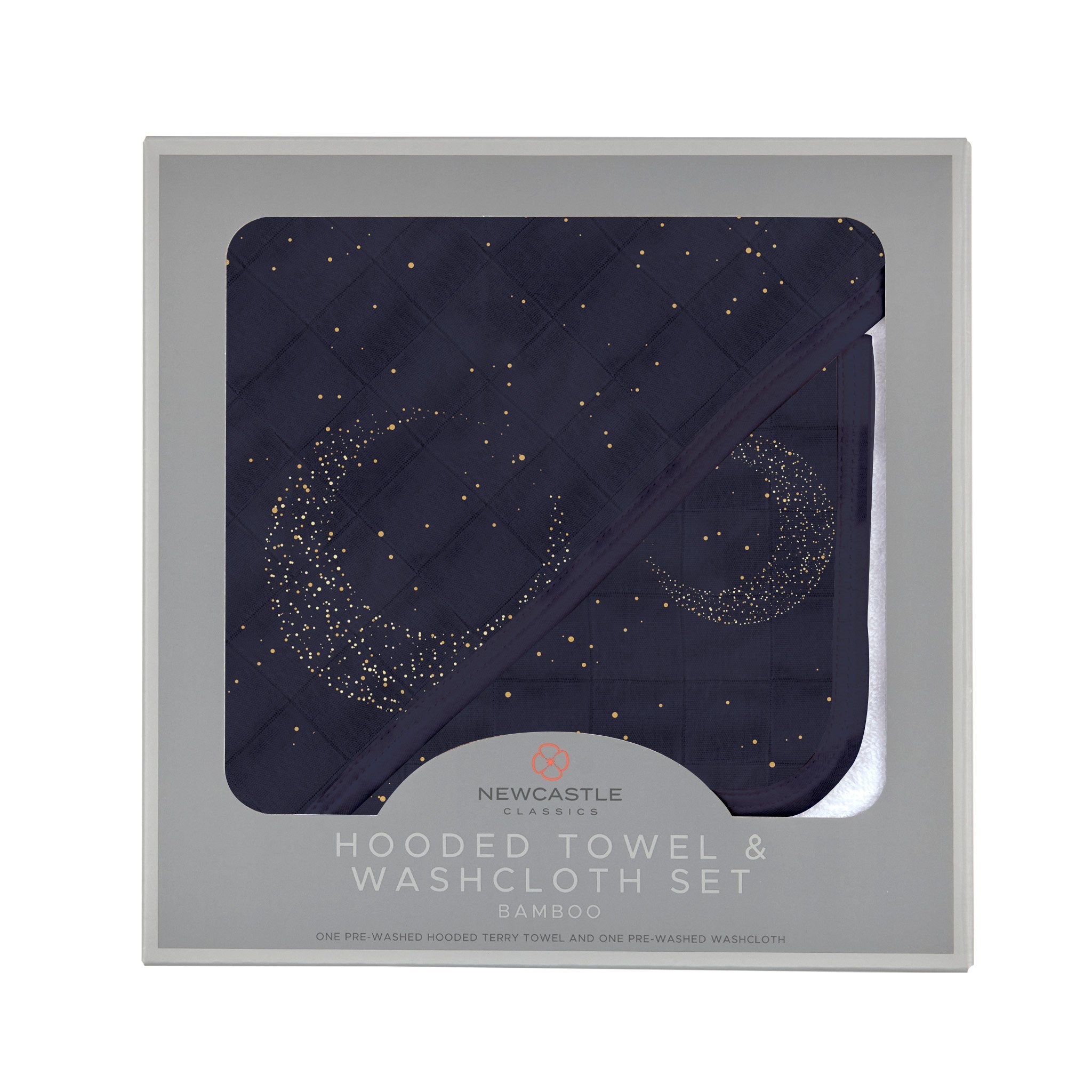 Midnight Moon Bamboo Hooded Towel and Washcloth Set featuring soft bamboo muslin fabric, perfect for keeping babies warm and dry.