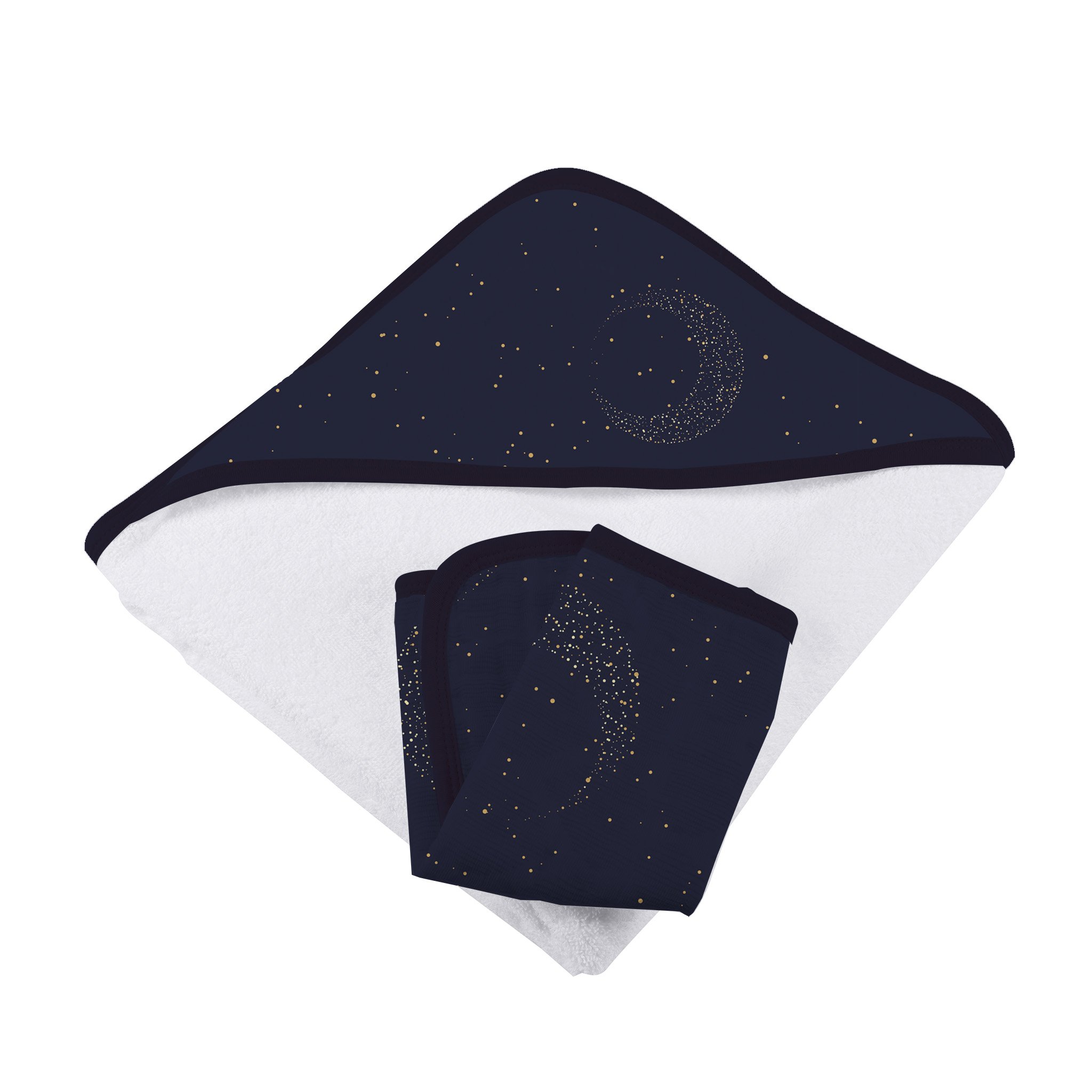 Midnight Moon Bamboo Hooded Towel and Washcloth Set featuring soft bamboo muslin fabric, perfect for keeping babies warm and dry.