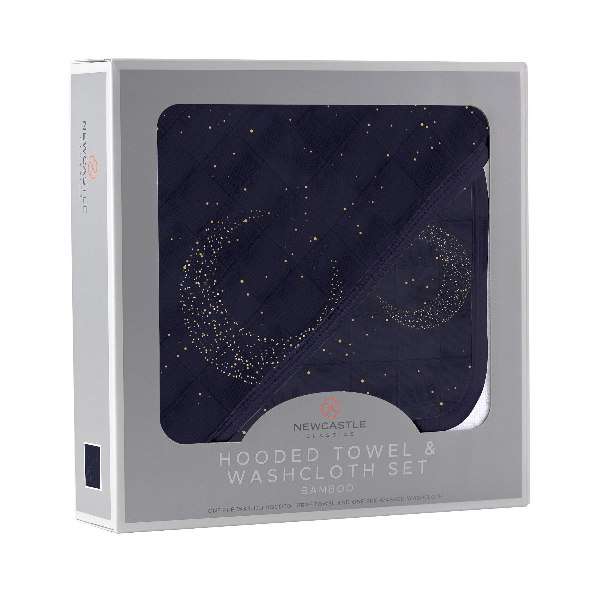 Midnight Moon Bamboo Hooded Towel and Washcloth Set featuring soft bamboo muslin fabric, perfect for keeping babies warm and dry.