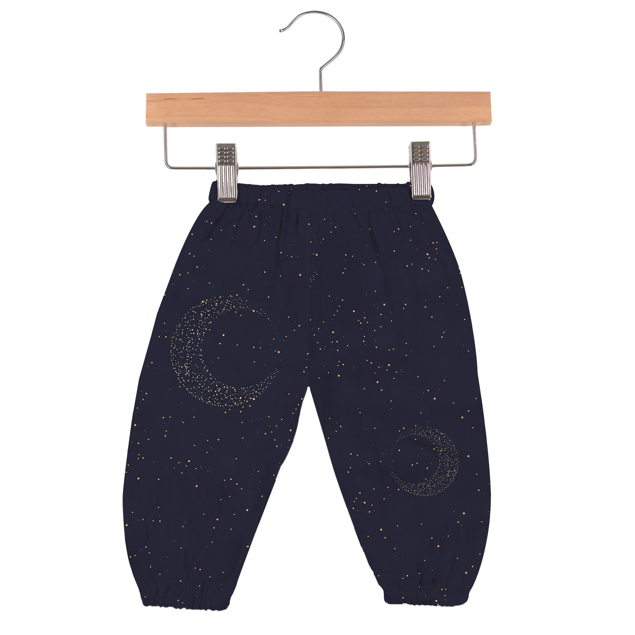Midnight Moon Bamboo Newcastle Mini Pants made from soft bamboo muslin, featuring an elastic waist and lightweight design for babies.