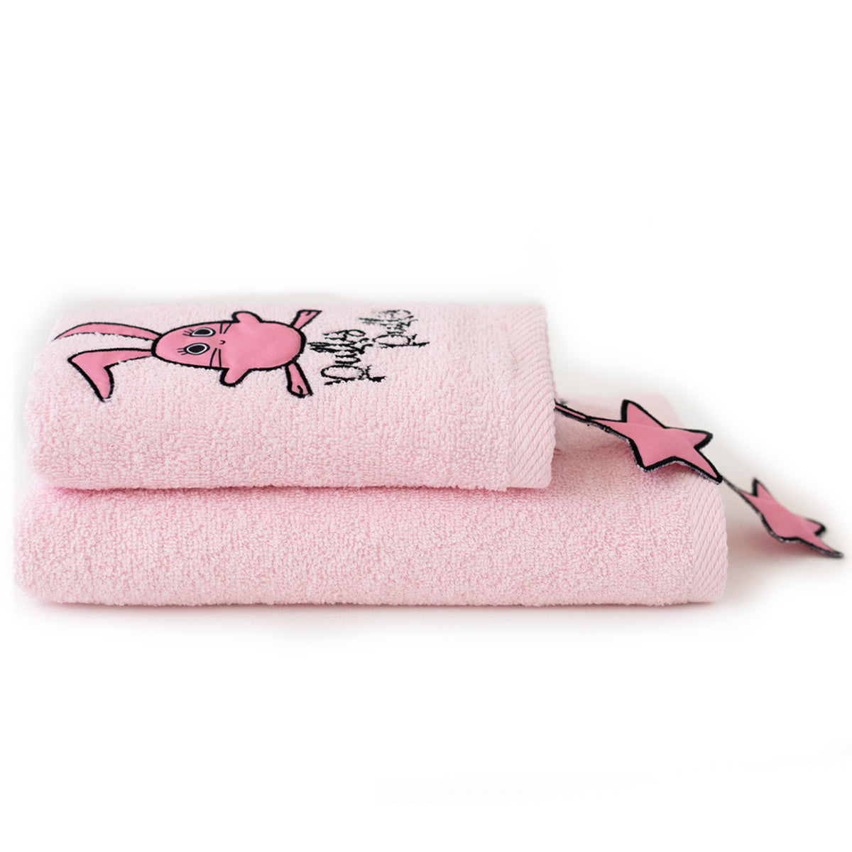 Milk&Moo Chancin Kinder Handtuch Set in leuchtendem Rosa mit niedlicher Chancin Rabbit Stickerei, ideal für Babys.