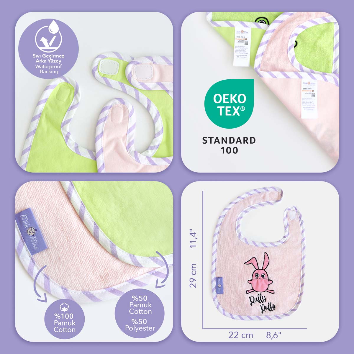 Milk&Moo Chancin und Cacha Frog Baby Lätzchen Set in zwei Designs, hergestellt aus türkischer Baumwolle, ideal für saubere Mahlzeiten.