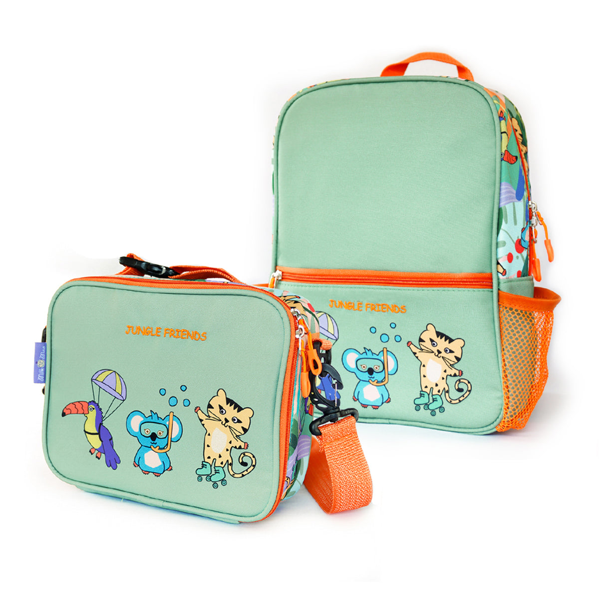 Milk&Moo Jungle Collection Rucksack and Lunchbox Set featuring vibrant jungle designs, adjustable straps, and insulated lunchbox.