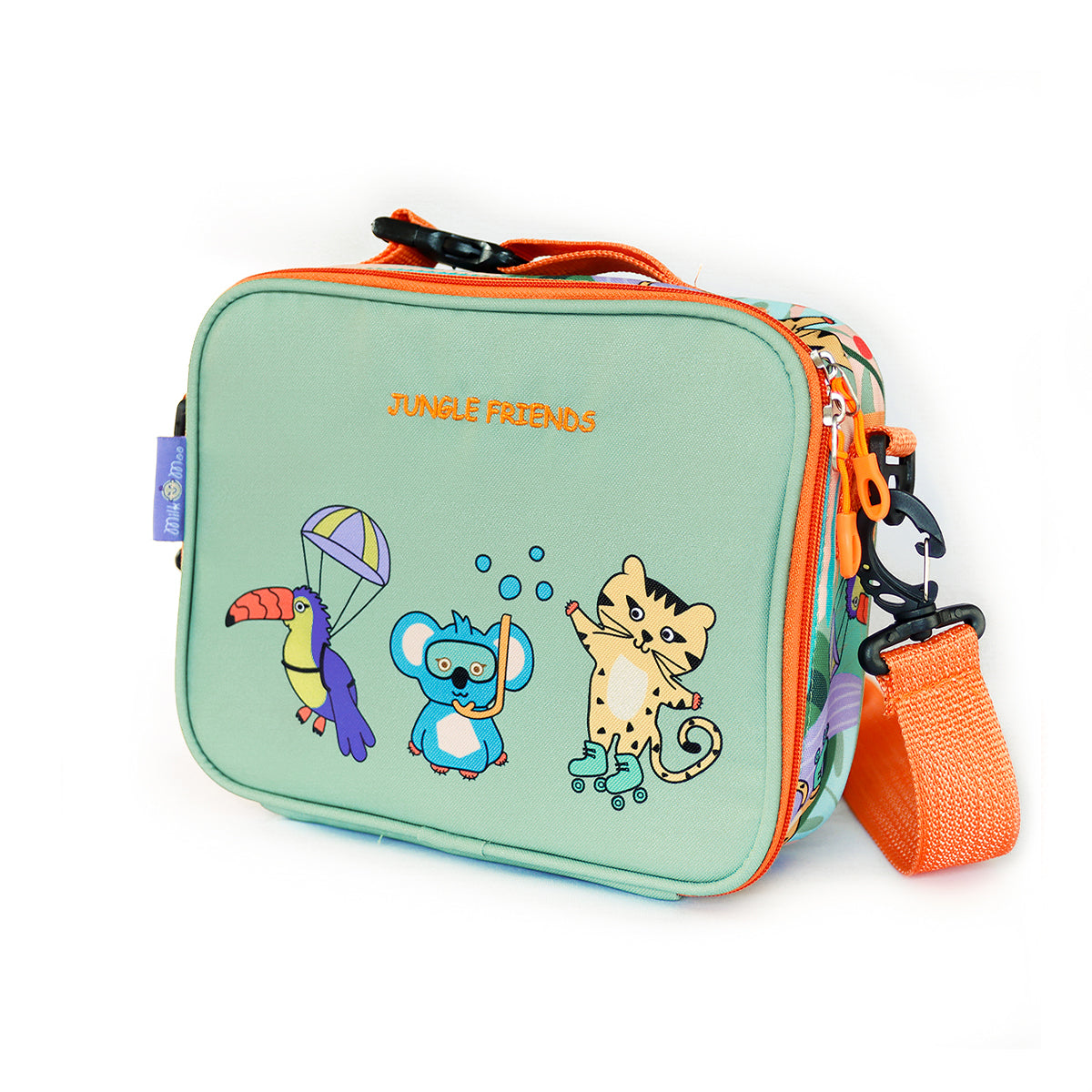 Milk&Moo Jungle Collection Rucksack and Lunchbox Set featuring vibrant jungle designs, adjustable straps, and insulated lunchbox.