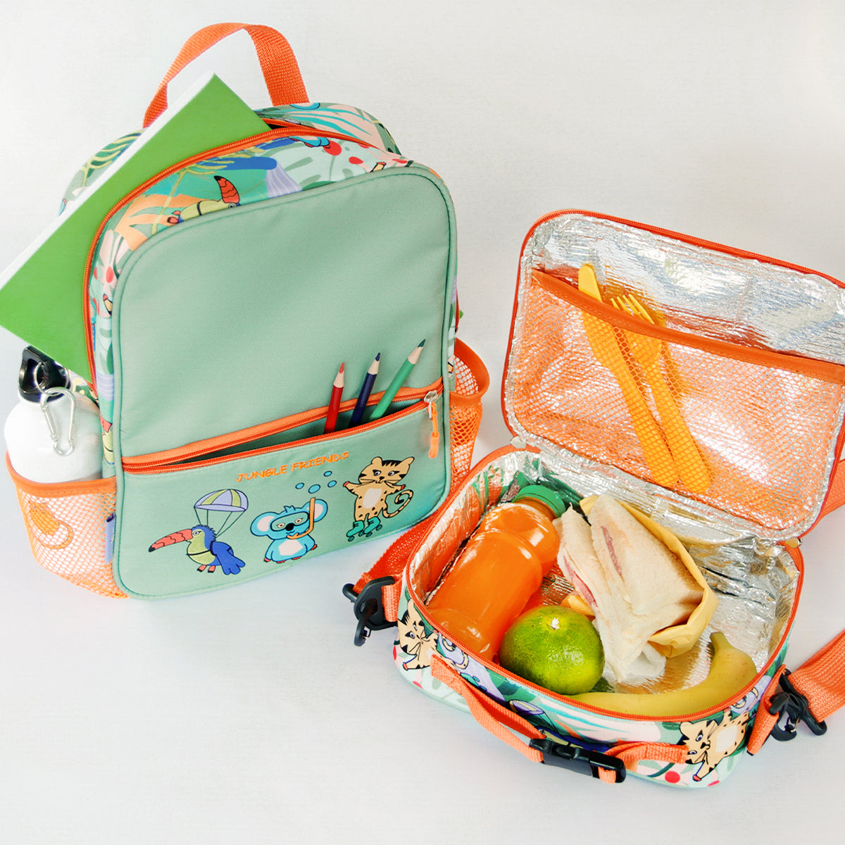 Milk&Moo Jungle Collection Rucksack and Lunchbox Set featuring vibrant jungle designs, adjustable straps, and insulated lunchbox.