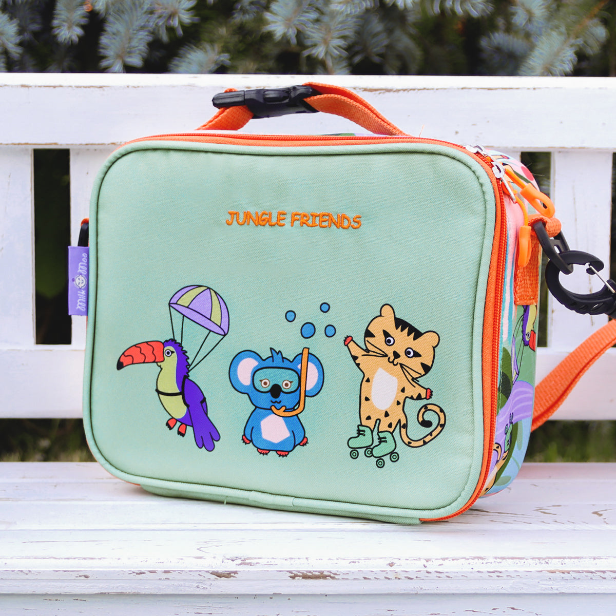 Milk&Moo Jungle Collection Rucksack and Lunchbox Set featuring vibrant jungle designs, adjustable straps, and insulated lunchbox.