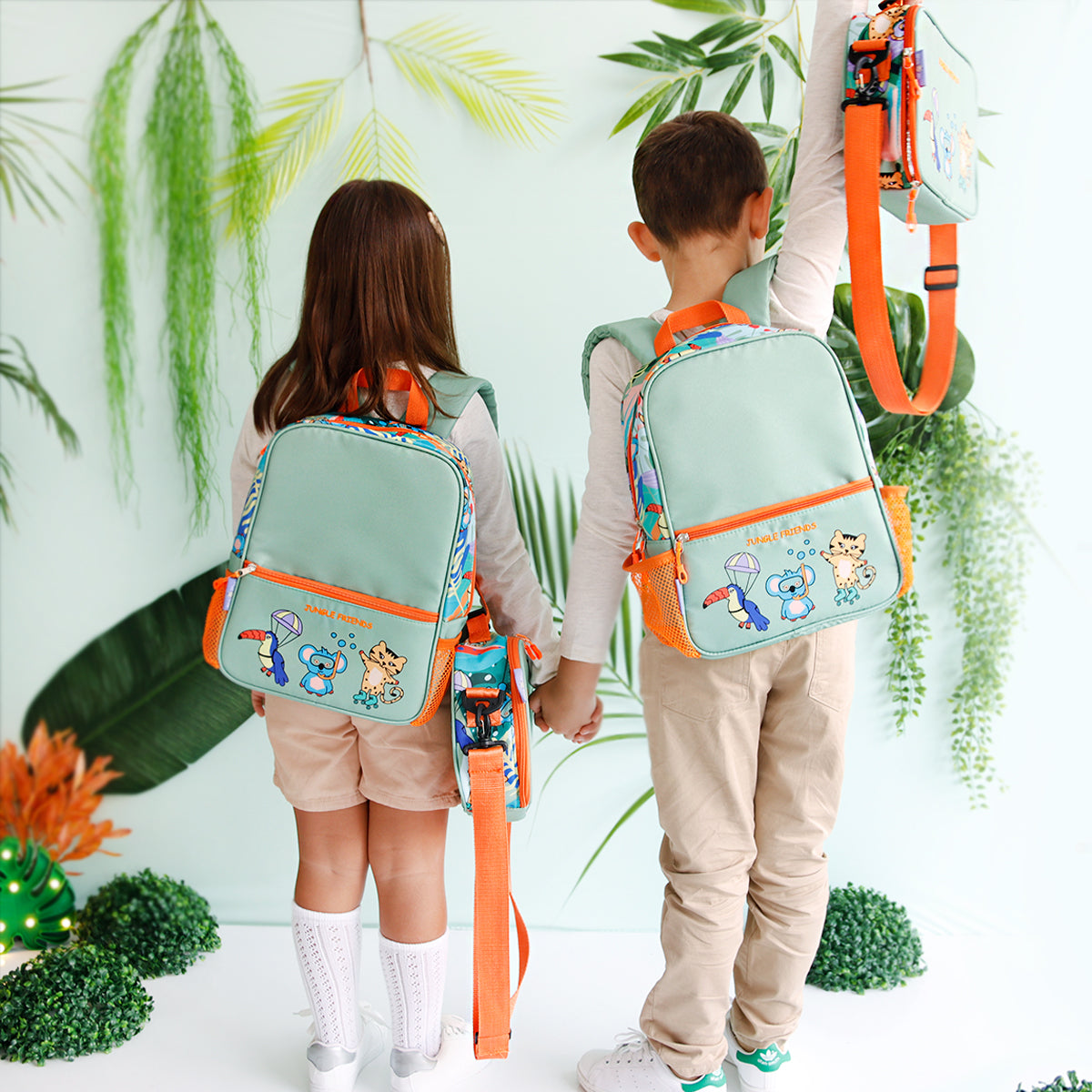 Milk&Moo Jungle Collection Rucksack and Lunchbox Set featuring vibrant jungle designs, adjustable straps, and insulated lunchbox.