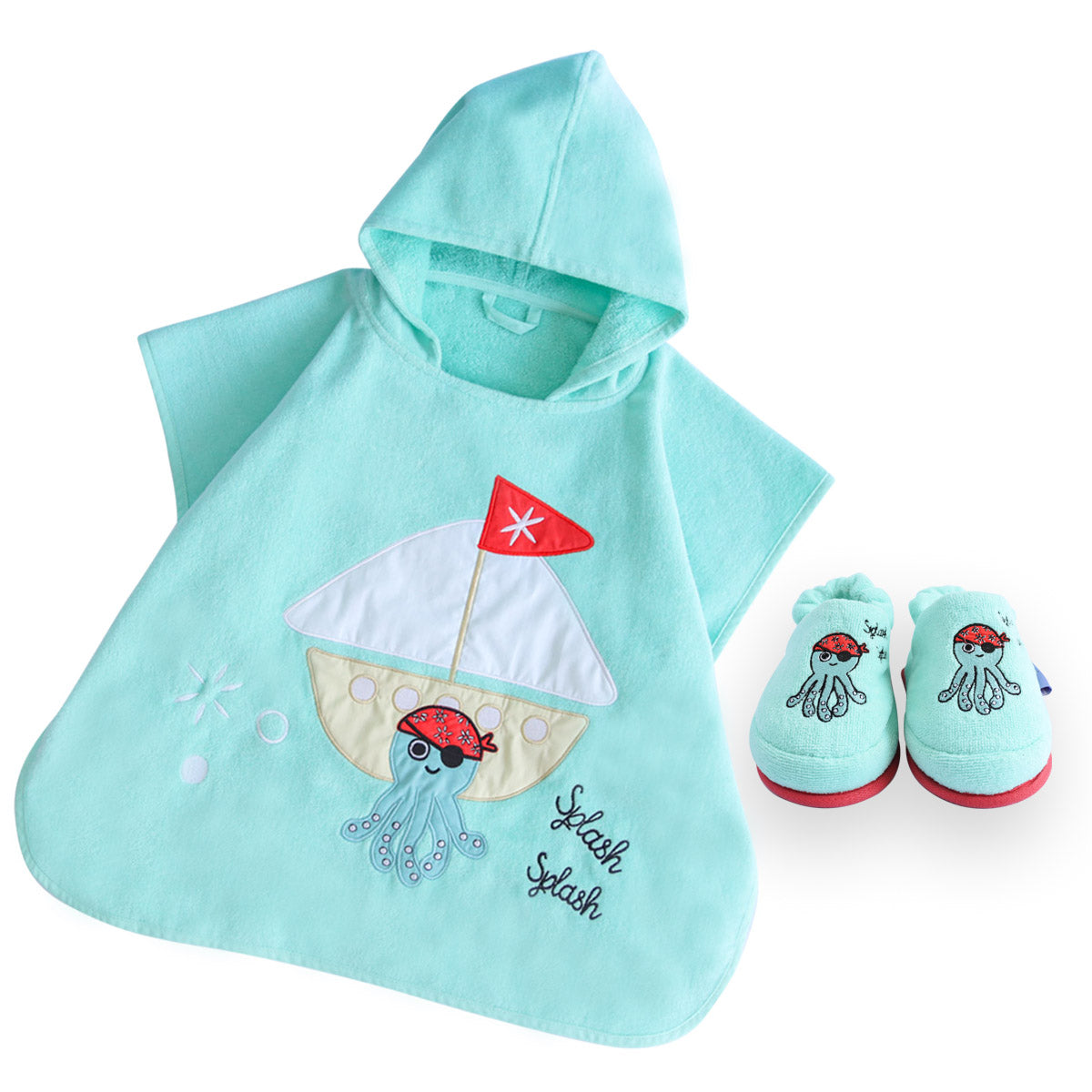 Milk&Moo Kinder Sailor Octopus Poncho und Hausschuhe Set in Blau, ideal für nach dem Baden oder am Strand, mit fröhlichem Design und hochwertigem Material.