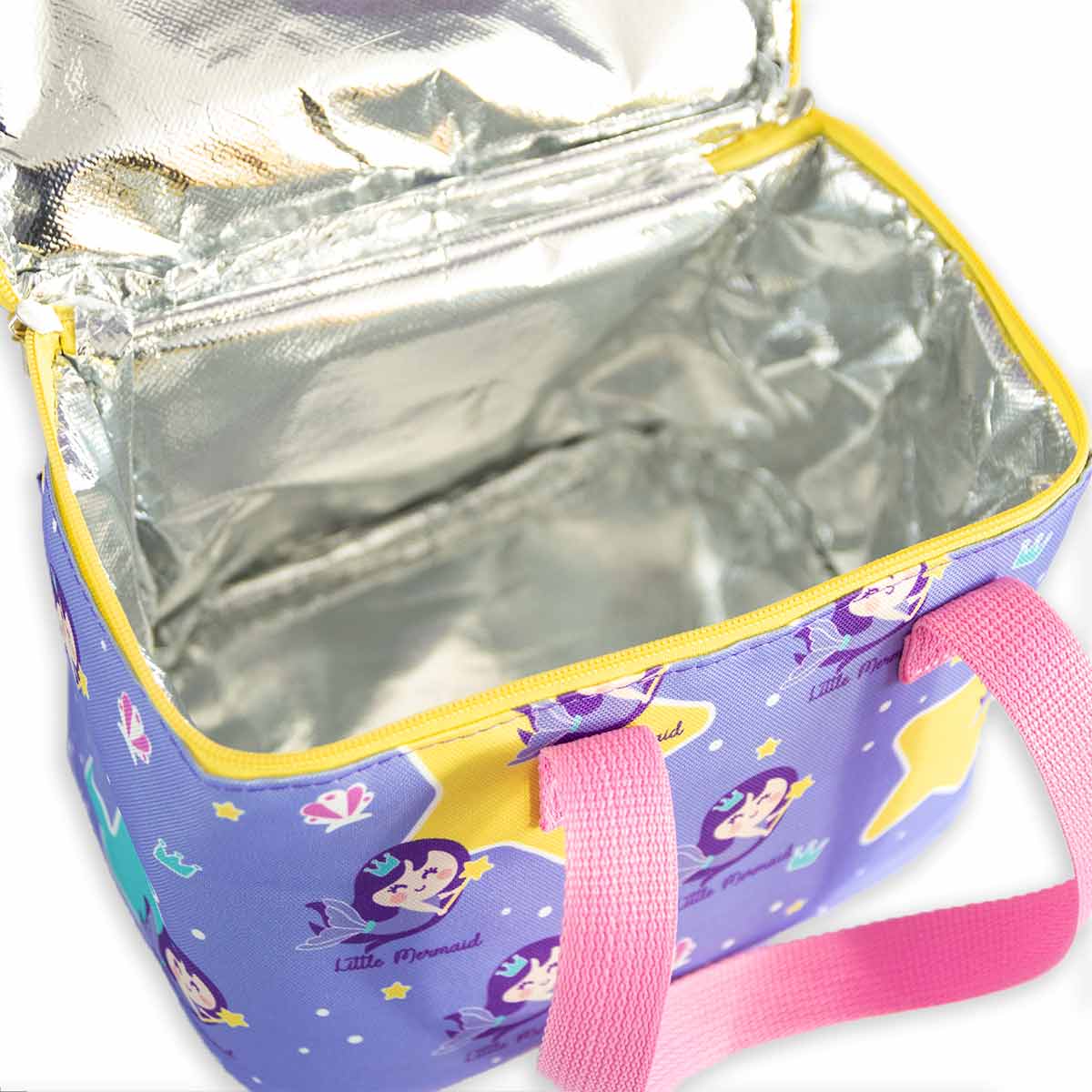 Milk&Moo Lunchbox in Blau/Rosa für Kinder, isolierte Brotdose mit verstellbarem Schultergurt und Reißverschluss.