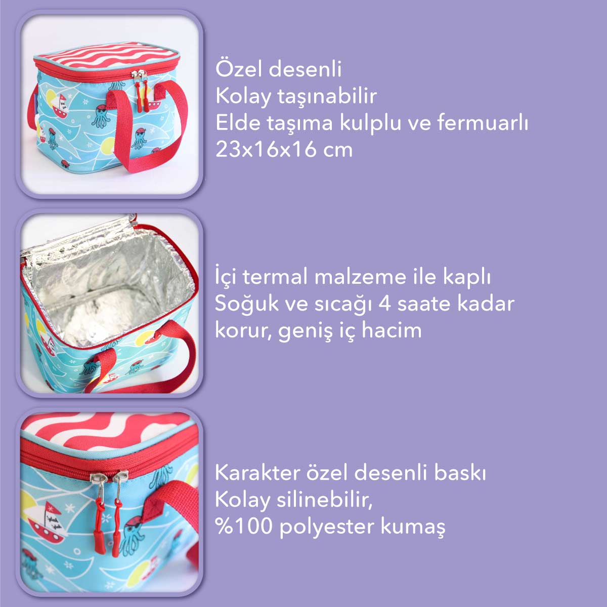 Milk&Moo Lunchbox in Türkis und Rot, ideal für Kinder mit isolierter Folie für Temperaturerhaltung.