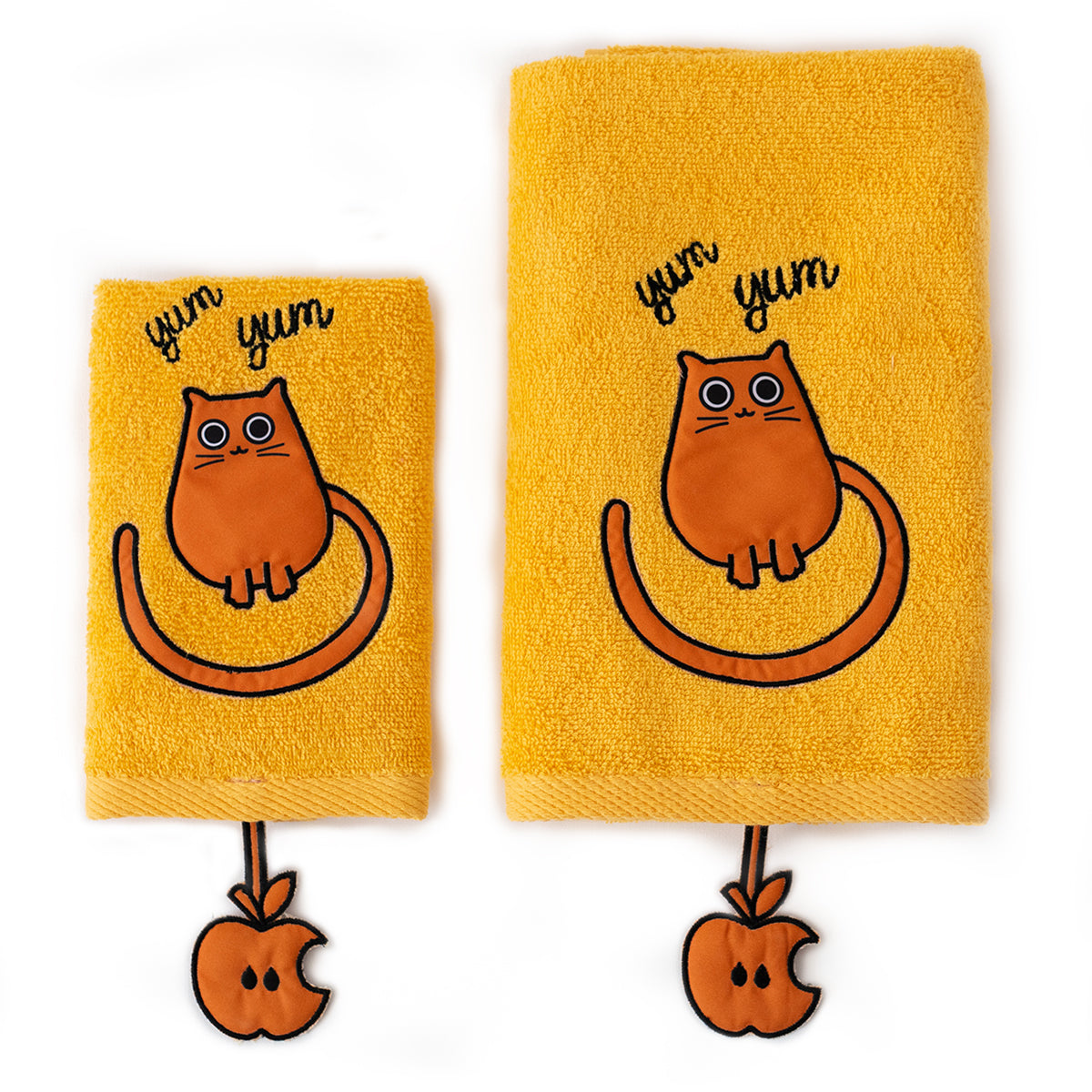 Milk&Moo Tombish Cat Kinder Handtuch Set aus türkischer Baumwolle mit niedlicher Stickerei und leuchtend orange Farbe.
