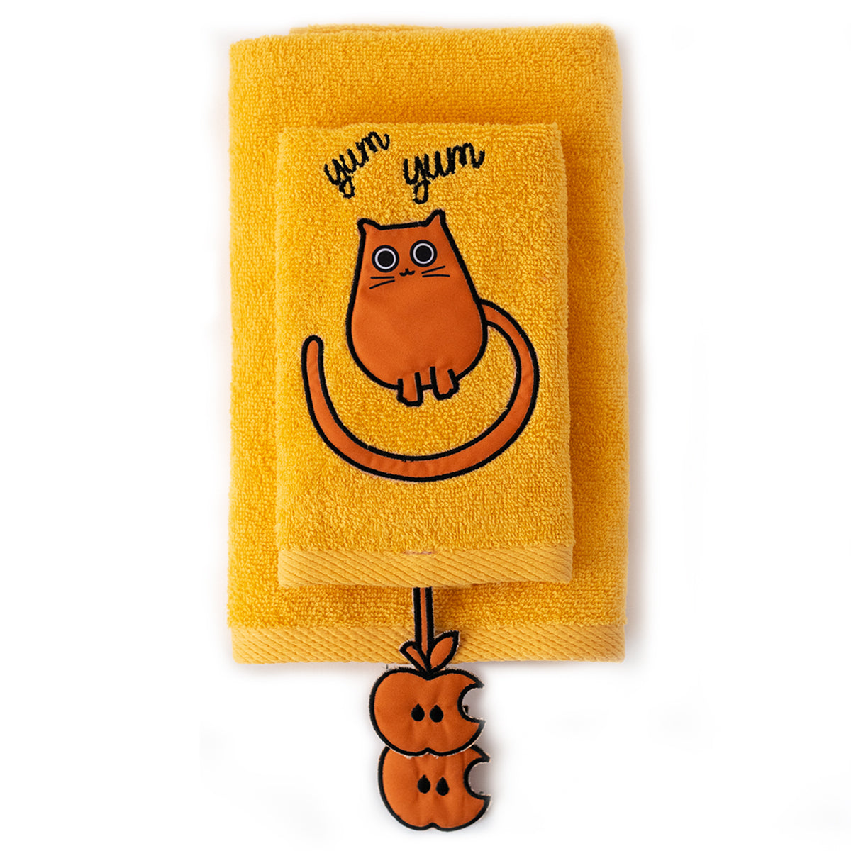 Milk&Moo Tombish Cat Kinder Handtuch Set aus türkischer Baumwolle mit niedlicher Stickerei und leuchtend orange Farbe.