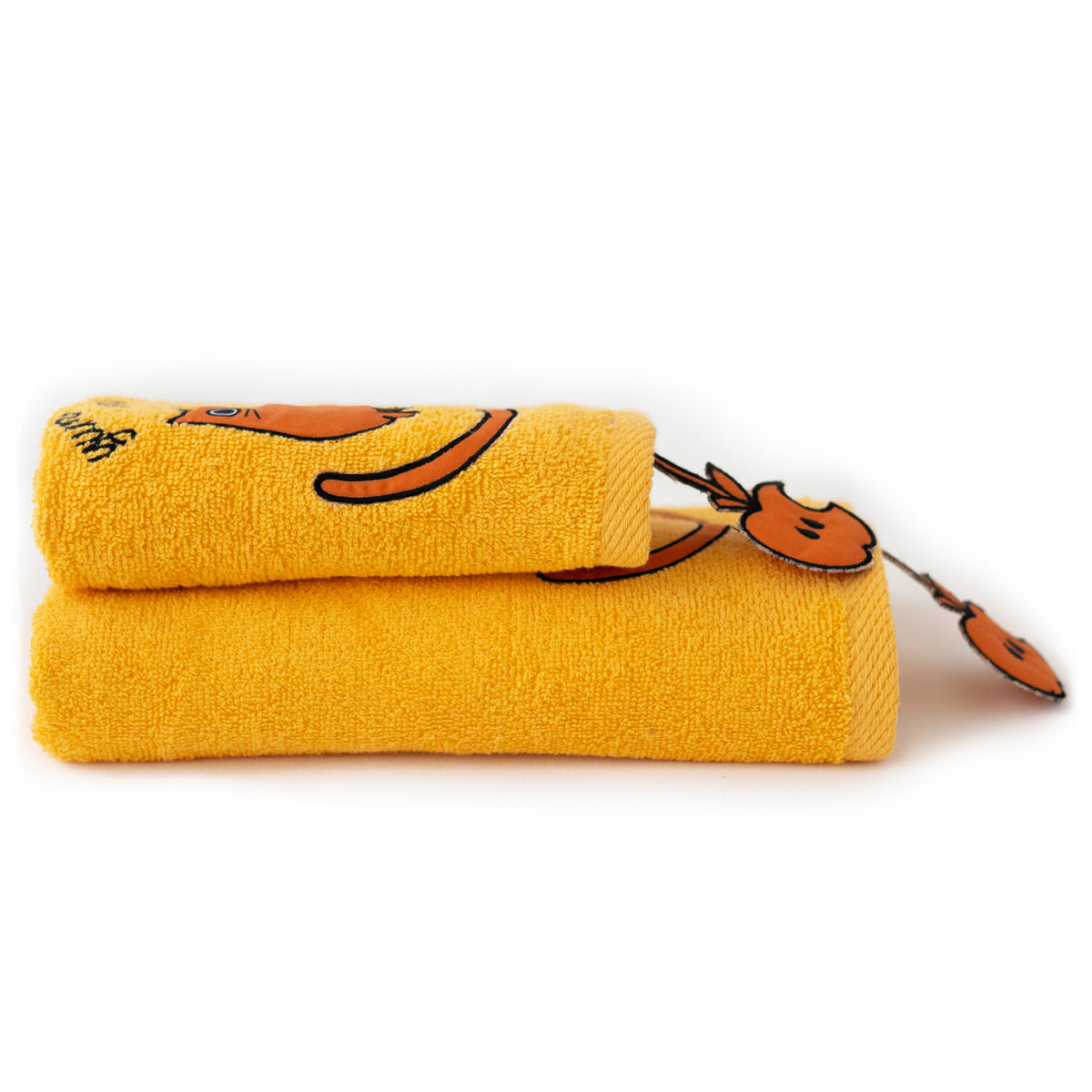 Milk&Moo Tombish Cat Kinder Handtuch Set aus türkischer Baumwolle mit niedlicher Stickerei und leuchtend orange Farbe.