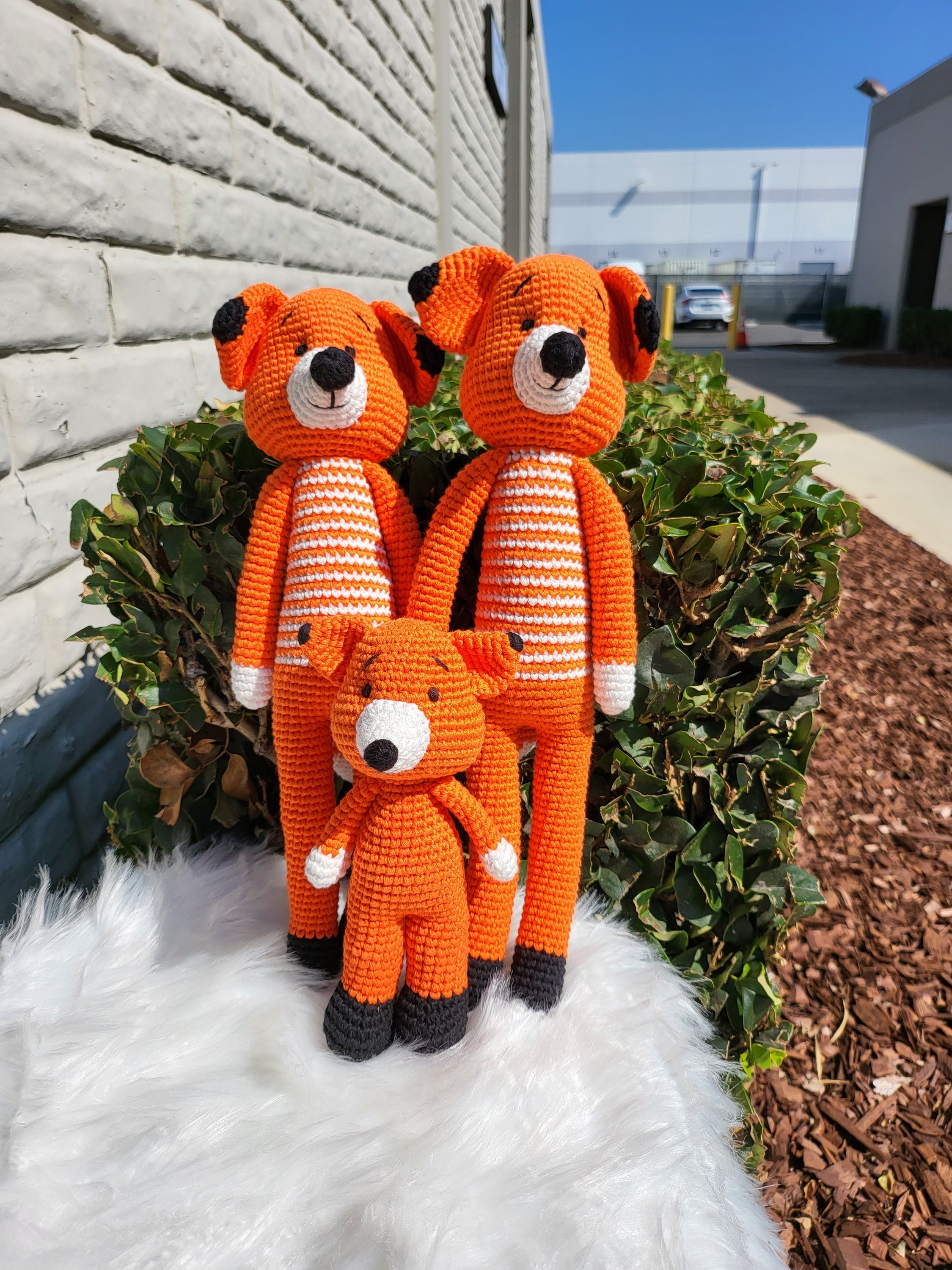 A charming Mini Standing Fox V1 crochet toy, handcrafted from 100% cotton yarn, featuring a unique design with soft textures and vibrant colors.