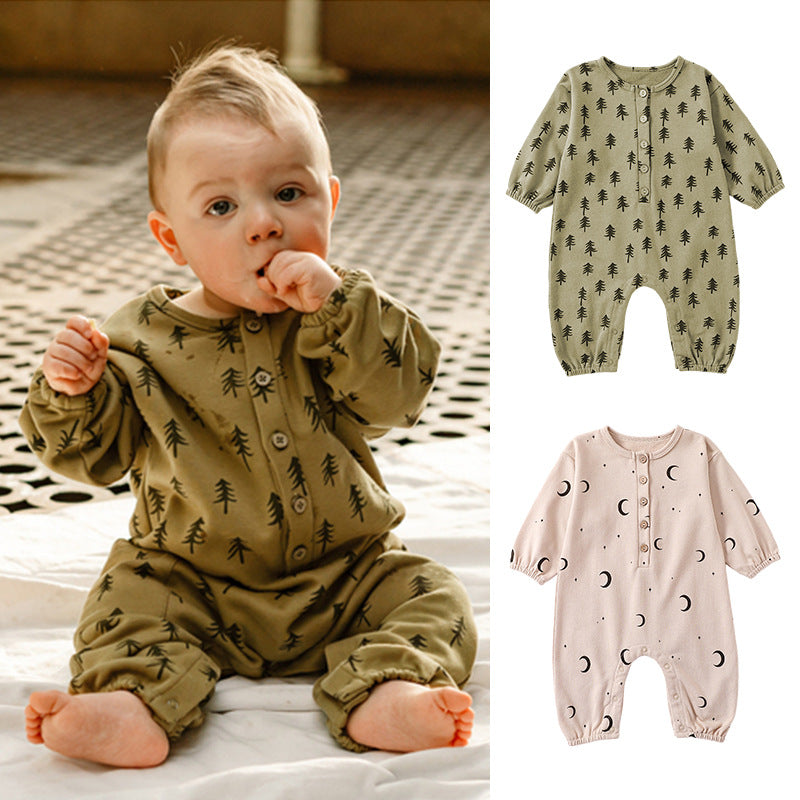 Moon Print Pattern Casual Long Sleeve Rompers in green and beige, made from soft cotton, suitable for baby girls and boys.
