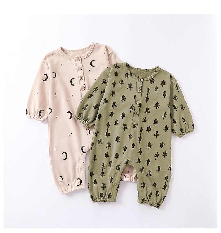 Moon Print Pattern Casual Long Sleeve Rompers in green and beige, made from soft cotton, suitable for baby girls and boys.