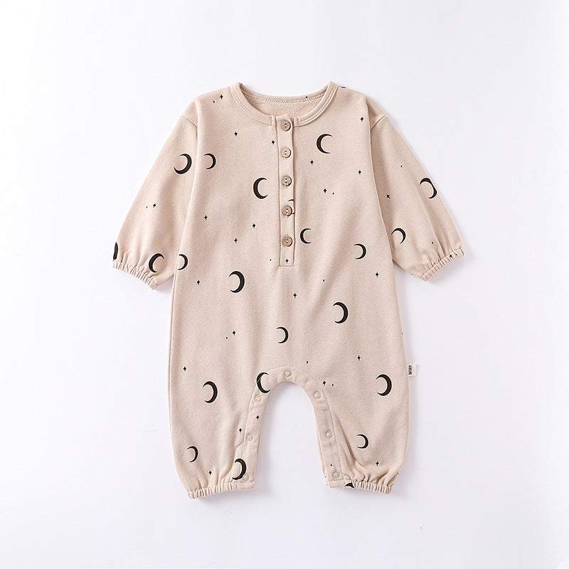 Moon Print Pattern Casual Long Sleeve Rompers in green and beige, made from soft cotton, suitable for baby girls and boys.