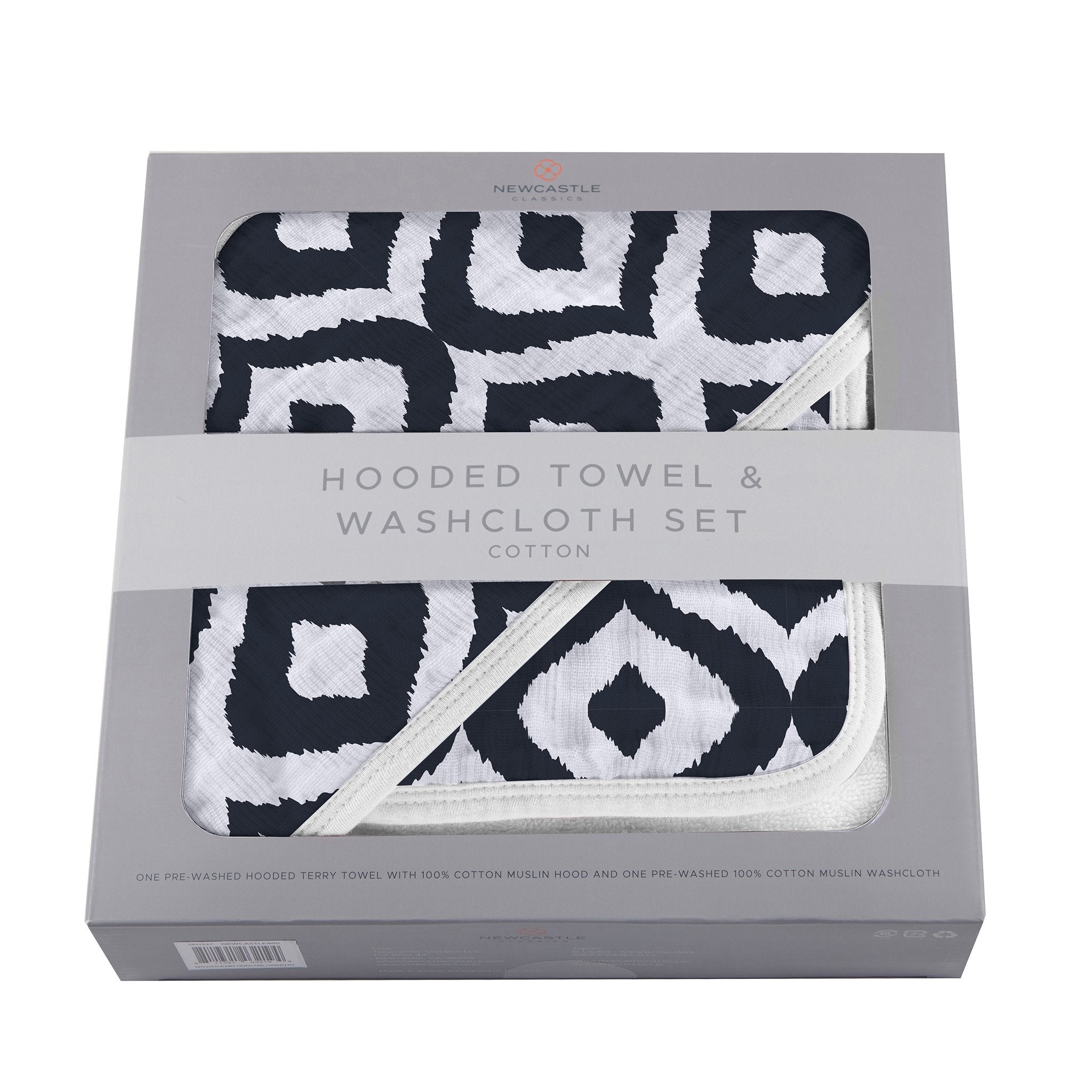 Moroccan Blue Hooded Towel and Washcloth Set featuring soft cotton terry material, perfect for keeping babies warm and dry after bath time.