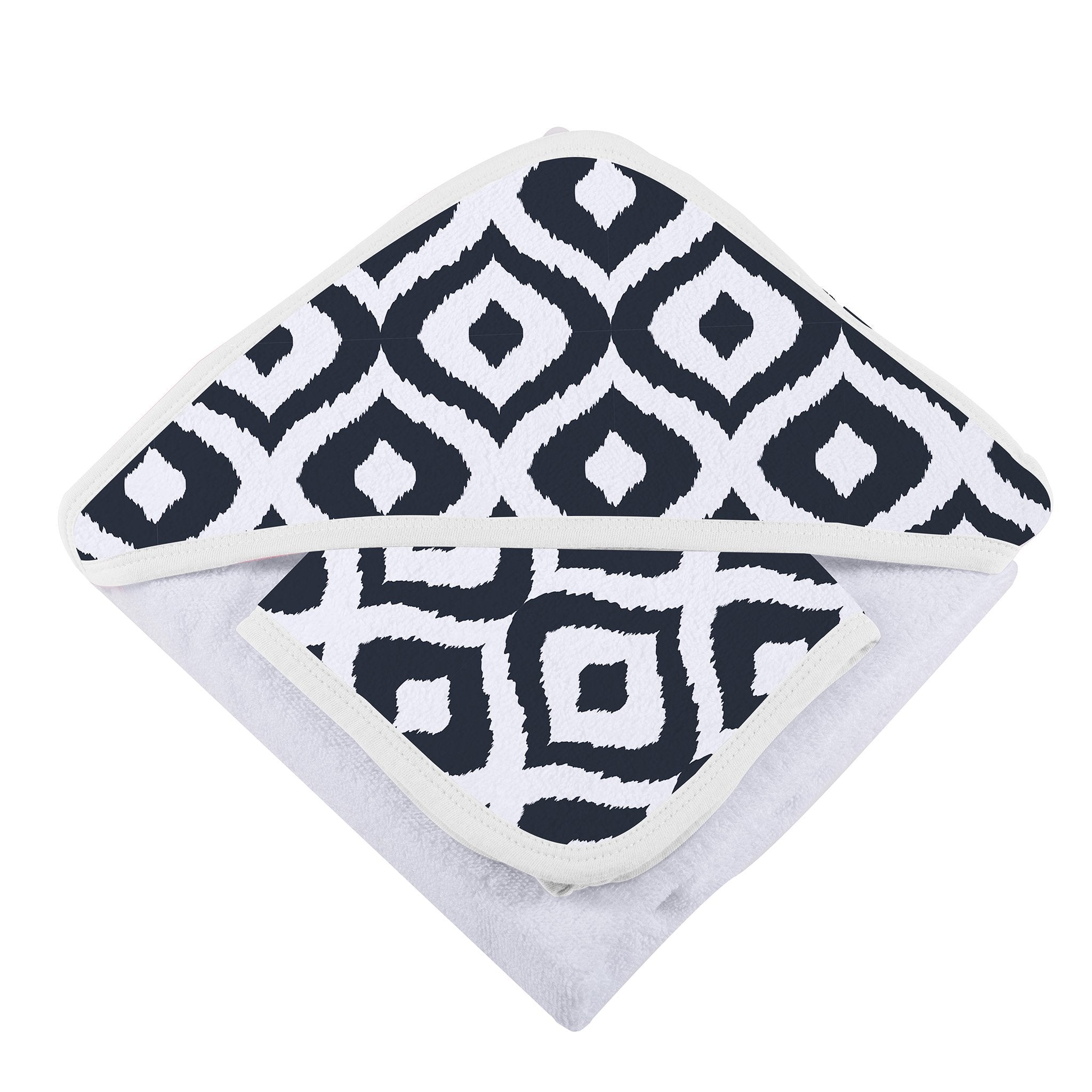 Moroccan Blue Hooded Towel and Washcloth Set featuring soft cotton terry material, perfect for keeping babies warm and dry after bath time.