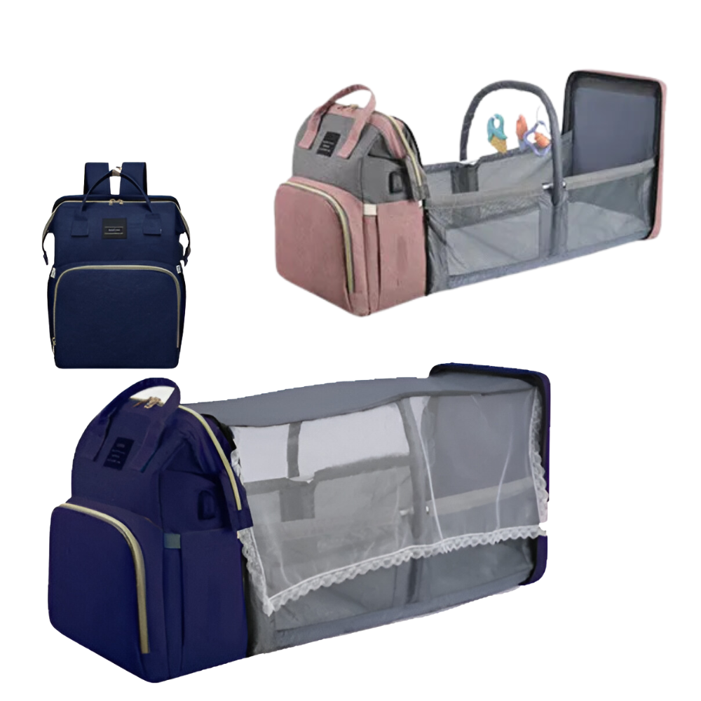 Multi-Use Diaper Bag in gray with expanded toy mode, showcasing its versatility and spacious design for parents on the go.