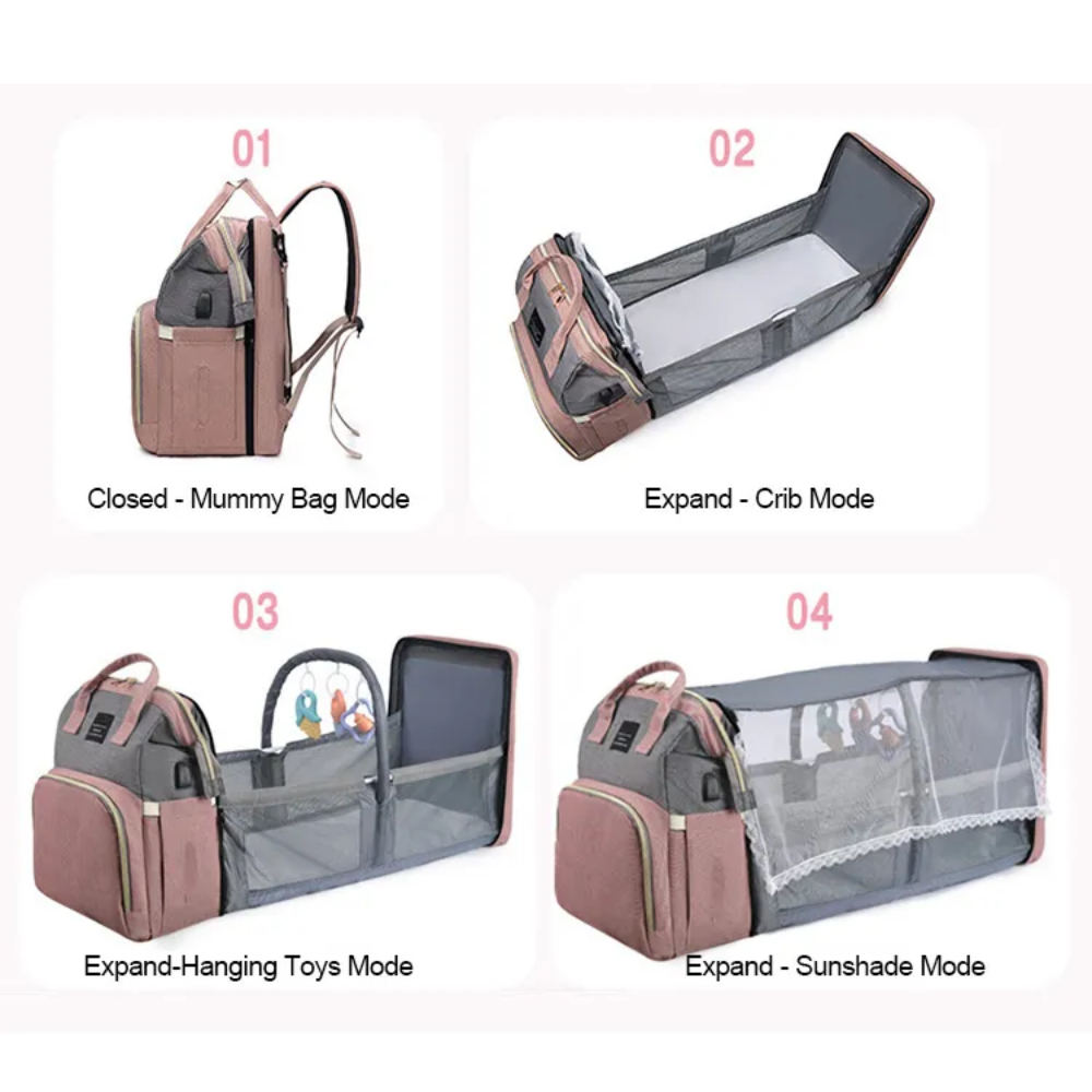 Multi-Use Diaper Bag in gray with expanded toy mode, showcasing its versatility and spacious design for parents on the go.