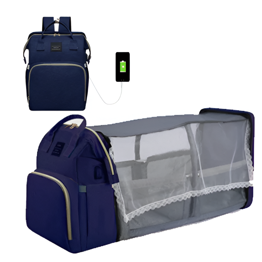 Multi-Use Diaper Bag in gray with expanded toy mode, showcasing its versatility and spacious design for parents on the go.