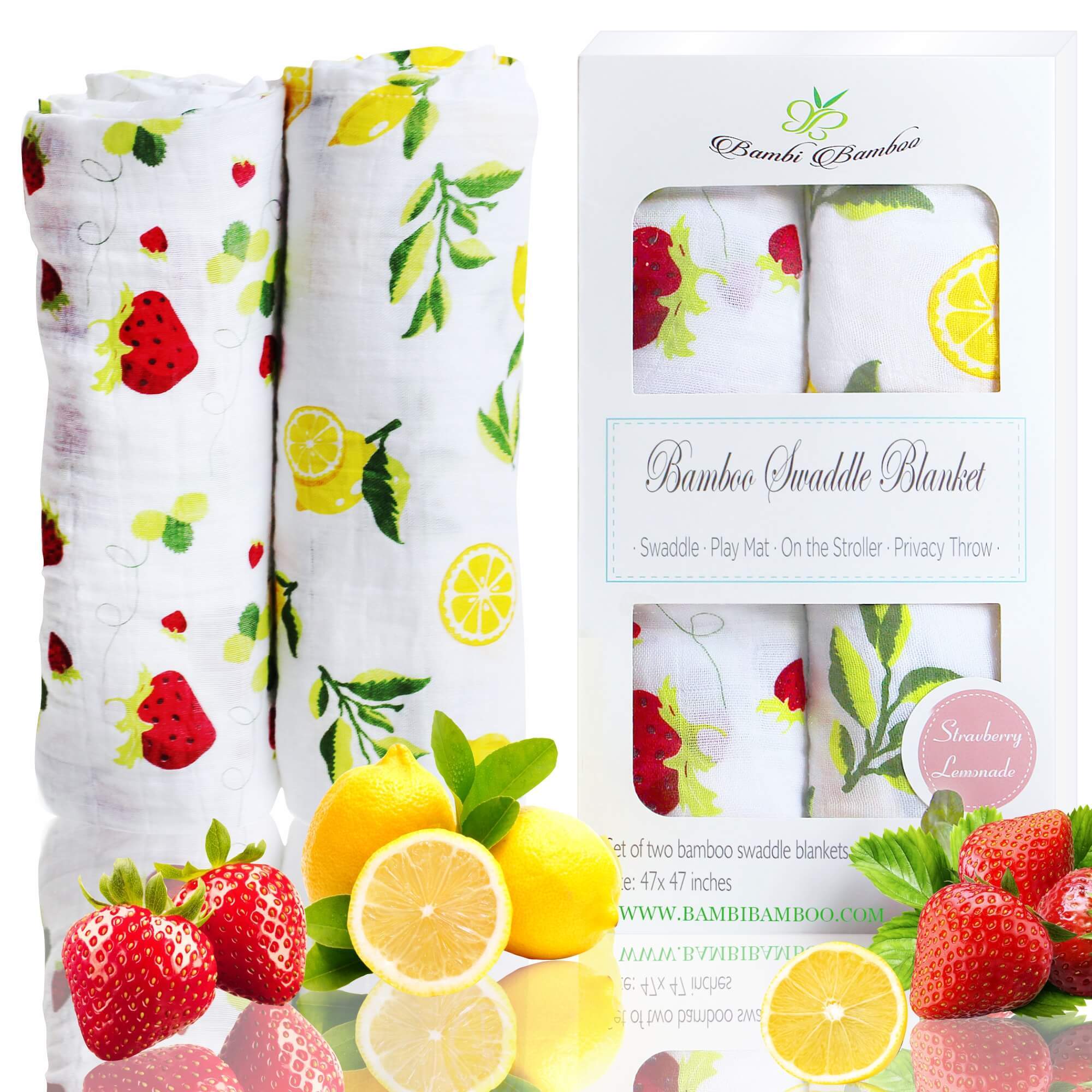 Muslin Swaddle Blanket Set featuring lemon and strawberry prints, showcasing soft and breathable fabric ideal for newborns.