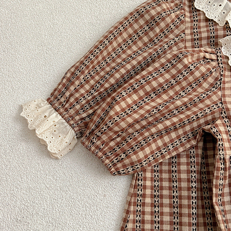 A vintage plaid onesie and dress set for baby girls in brown and coffee colors, showcasing a stylish design perfect for spring and autumn.