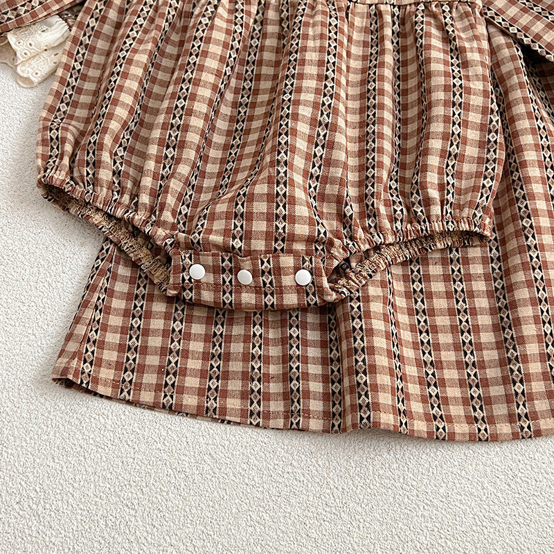A vintage plaid onesie and dress set for baby girls in brown and coffee colors, showcasing a stylish design perfect for spring and autumn.