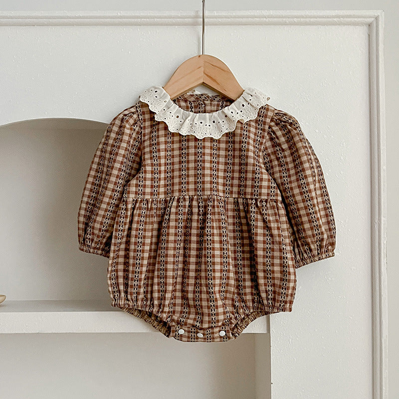 A vintage plaid onesie and dress set for baby girls in brown and coffee colors, showcasing a stylish design perfect for spring and autumn.