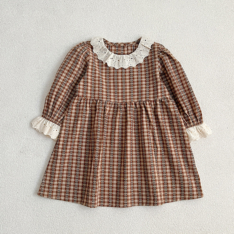 A vintage plaid onesie and dress set for baby girls in brown and coffee colors, showcasing a stylish design perfect for spring and autumn.