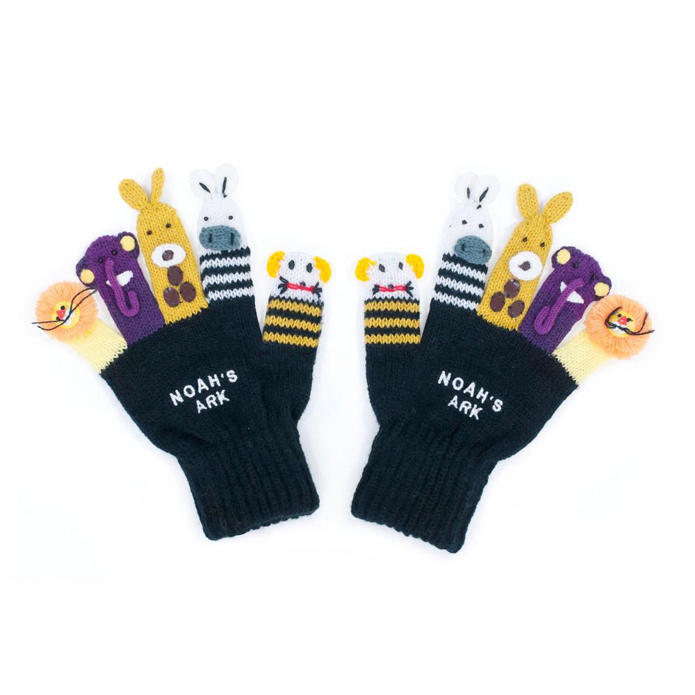 Colorful handmade acrylic knit gloves designed as Noah's Ark puppets featuring various animals.