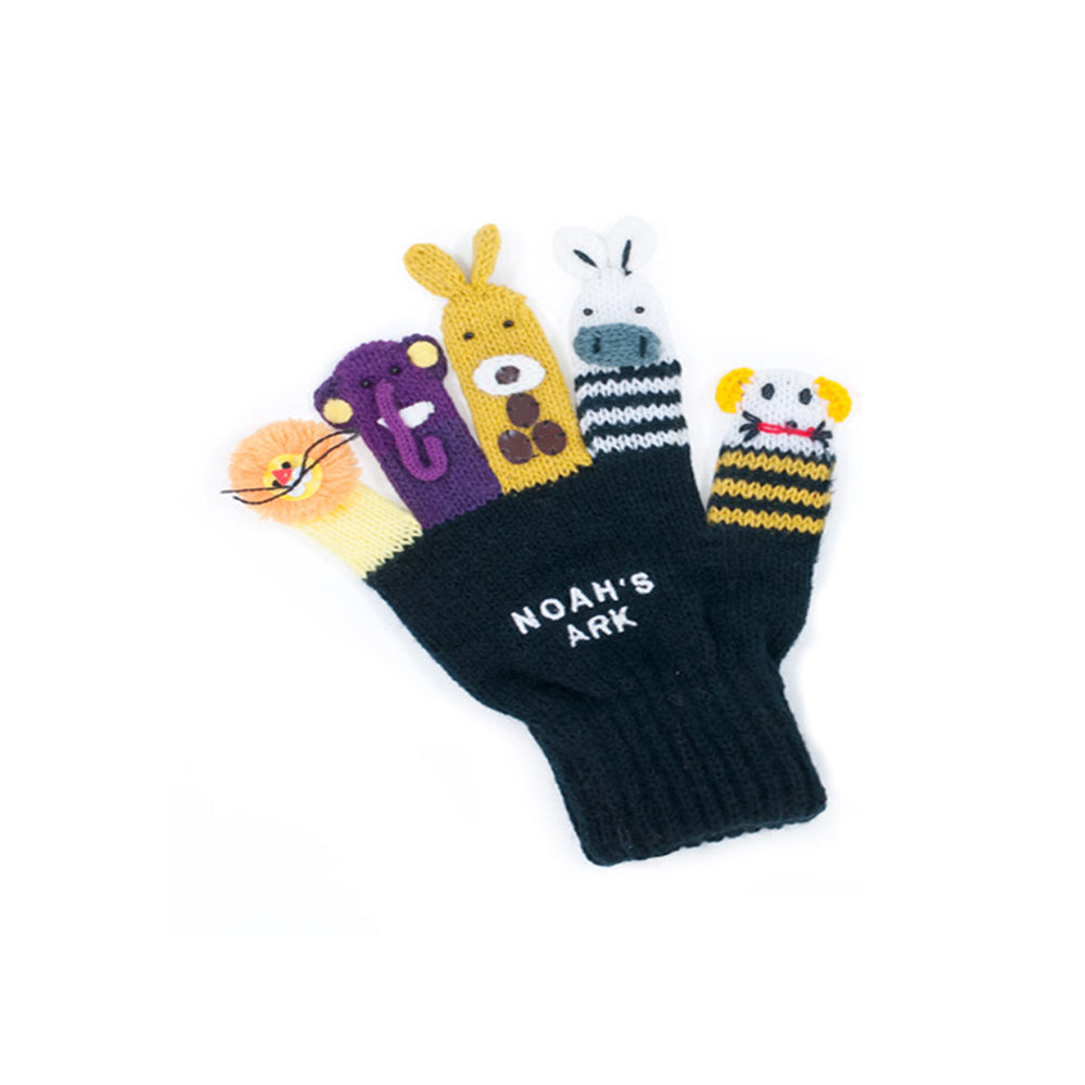 Colorful handmade acrylic knit gloves designed as Noah's Ark puppets featuring various animals.