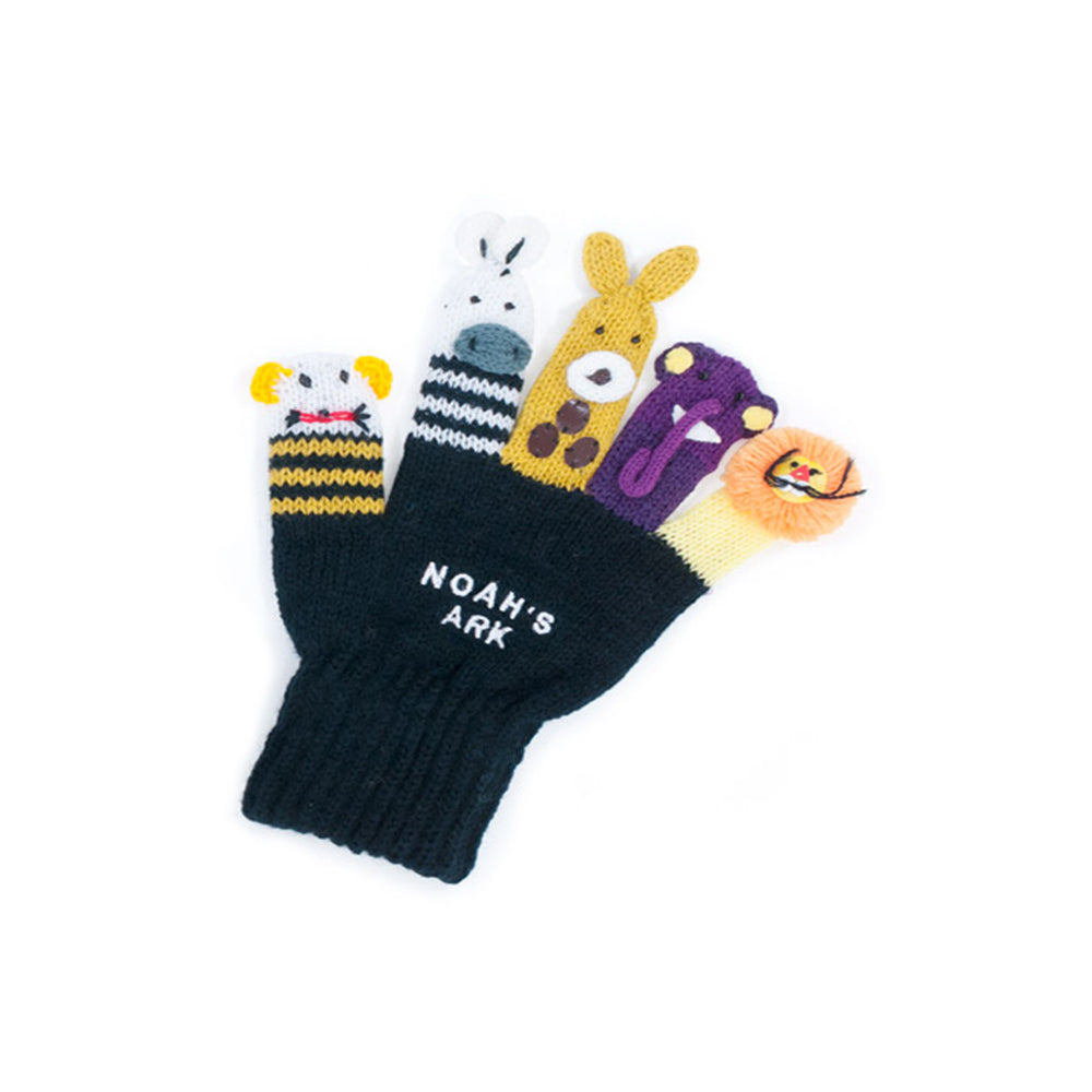 Colorful handmade acrylic knit gloves designed as Noah's Ark puppets featuring various animals.