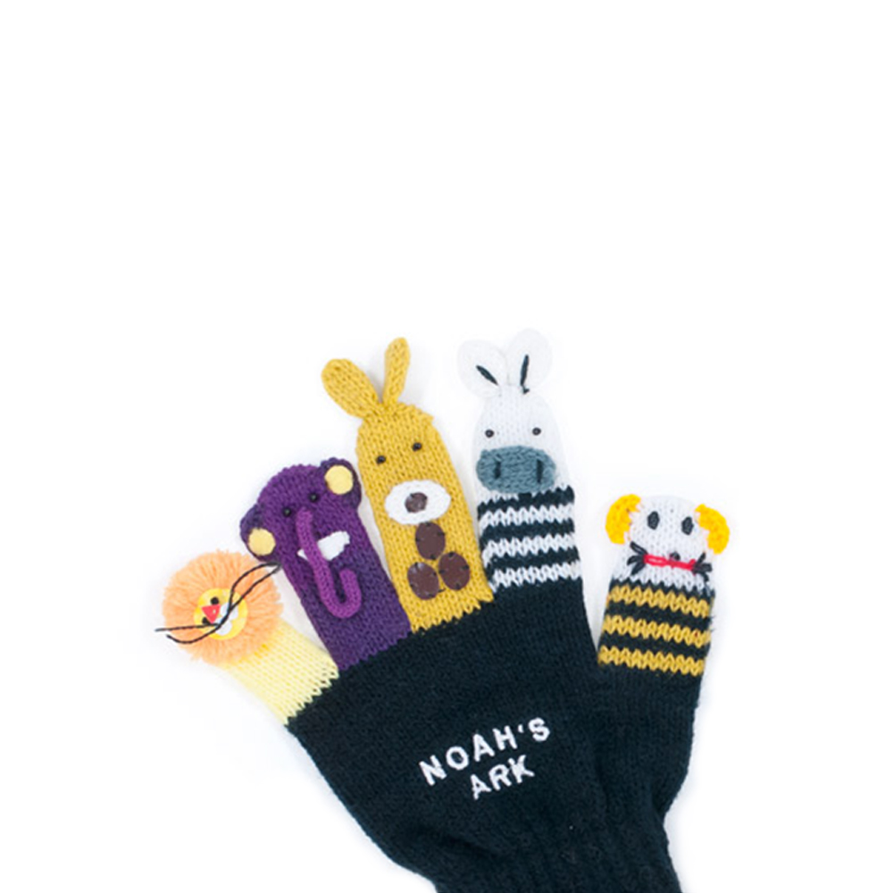 Colorful handmade acrylic knit gloves designed as Noah's Ark puppets featuring various animals.