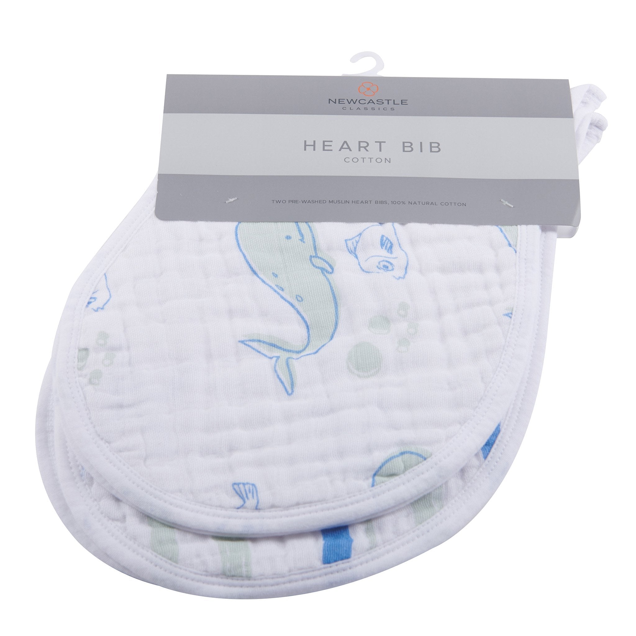 Ocean Cotton Heart Bib 2PK featuring soft, absorbent cotton muslin with a stylish heart pattern and multiple snap closures.
