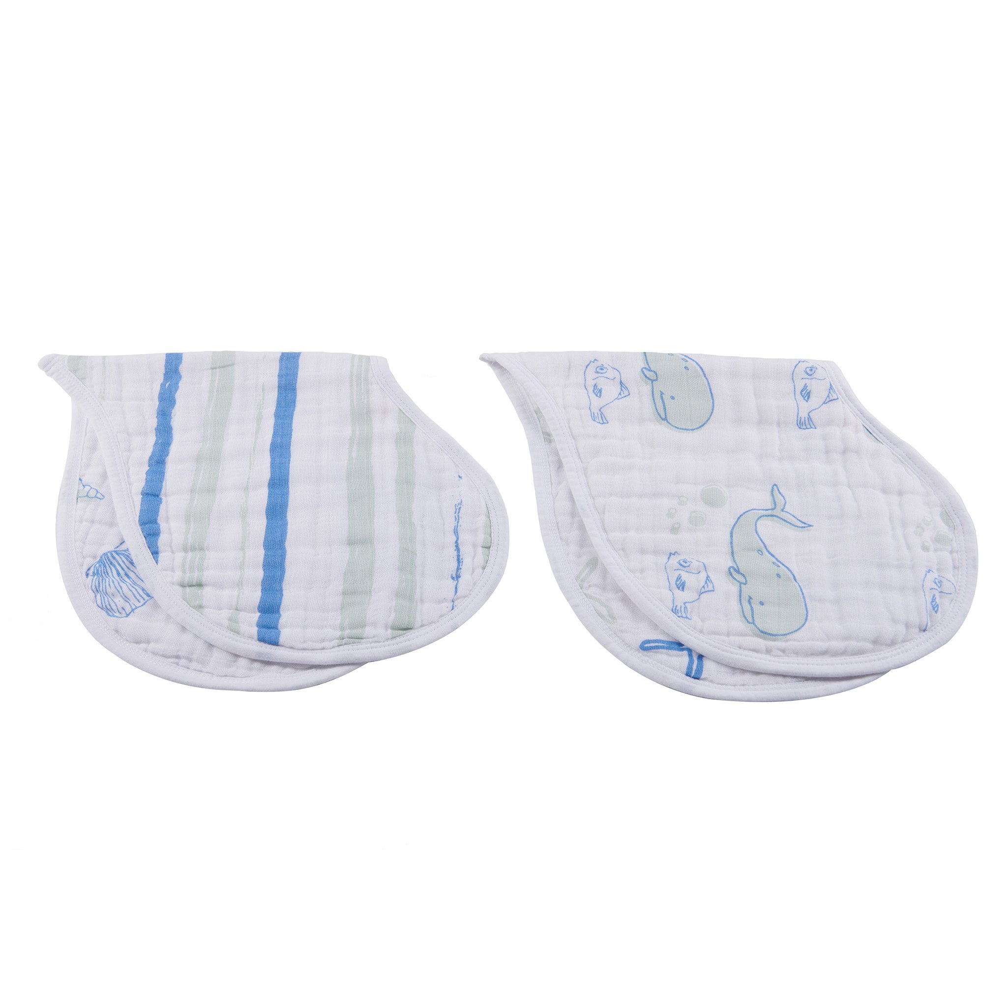 Ocean Cotton Heart Bib 2PK featuring soft, absorbent cotton muslin with a stylish heart pattern and multiple snap closures.