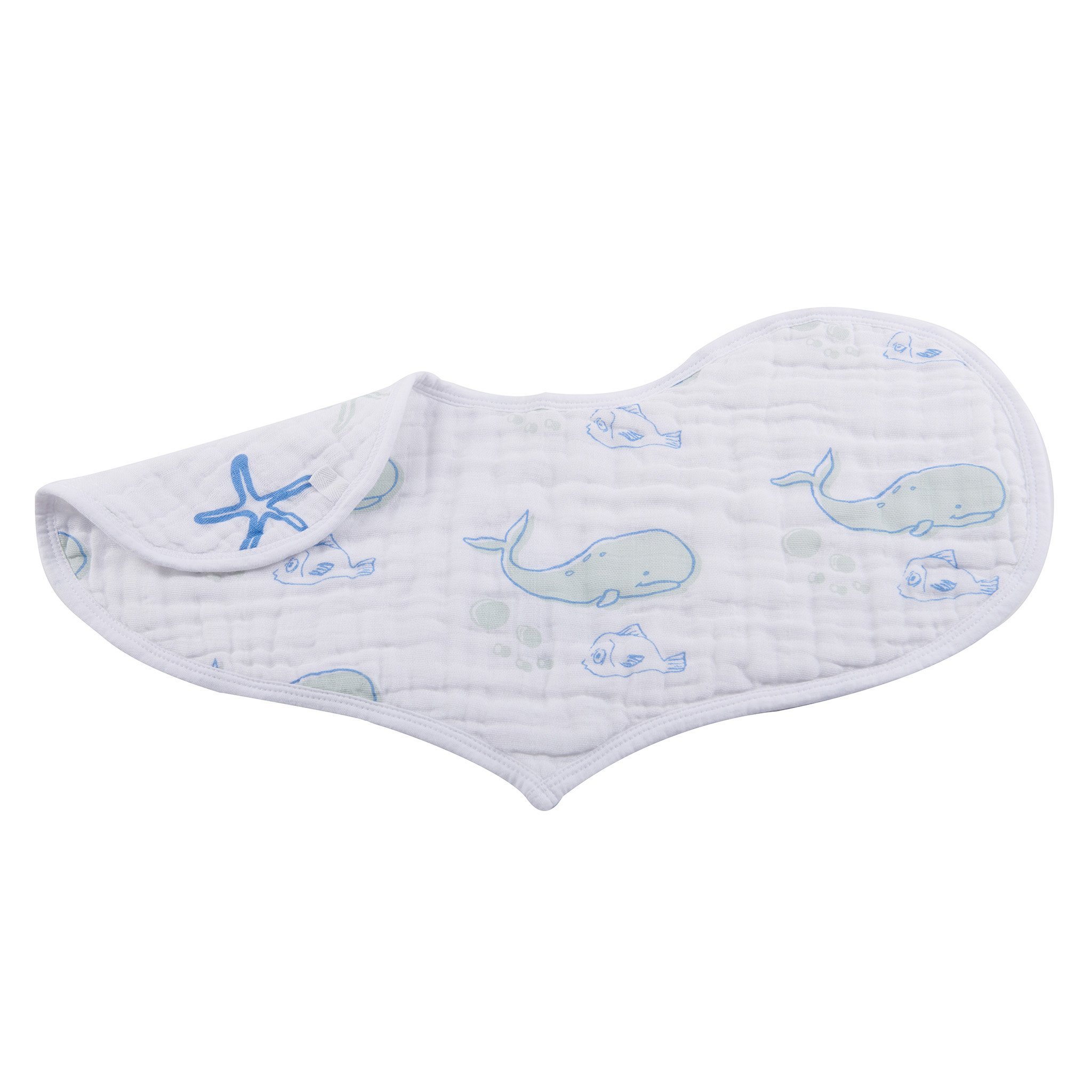 Ocean Cotton Heart Bib 2PK featuring soft, absorbent cotton muslin with a stylish heart pattern and multiple snap closures.