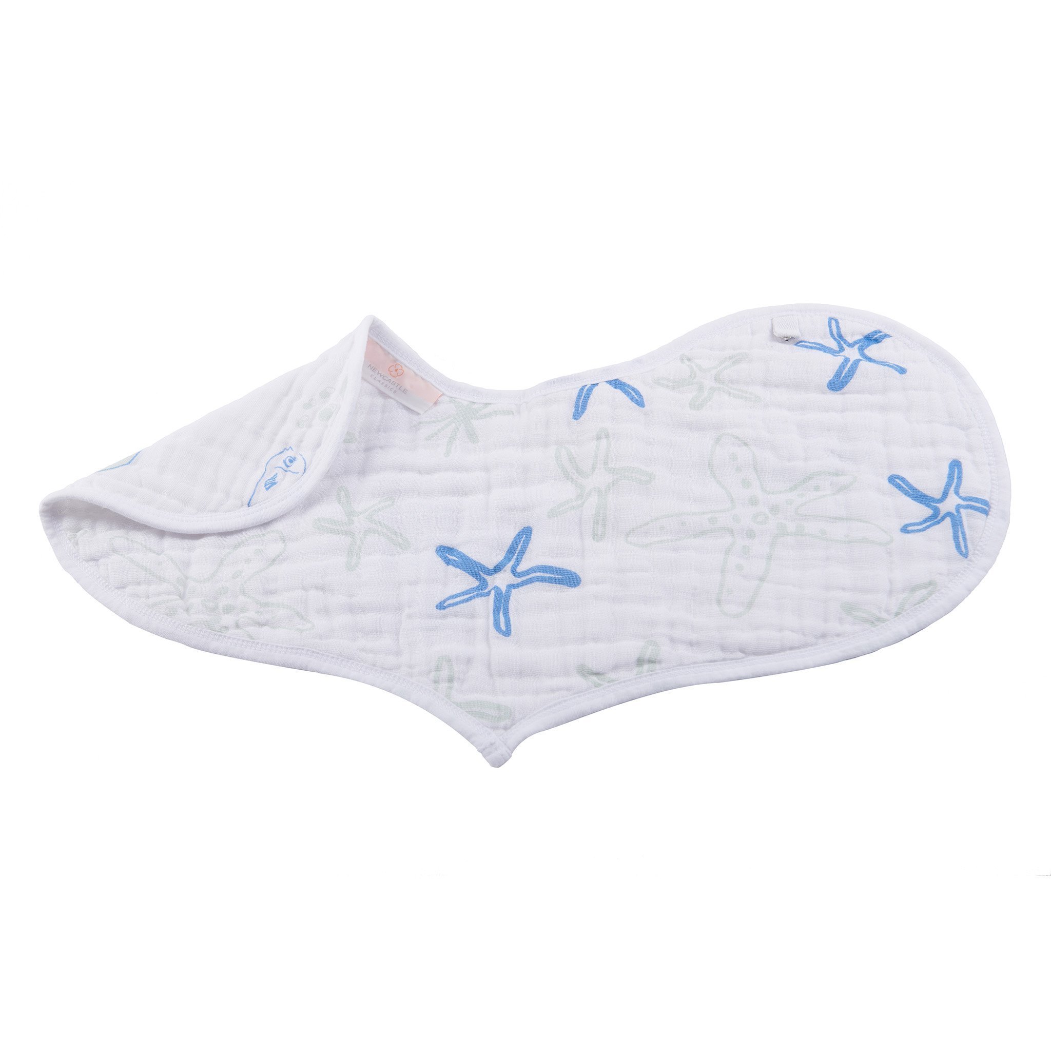 Ocean Cotton Heart Bib 2PK featuring soft, absorbent cotton muslin with a stylish heart pattern and multiple snap closures.