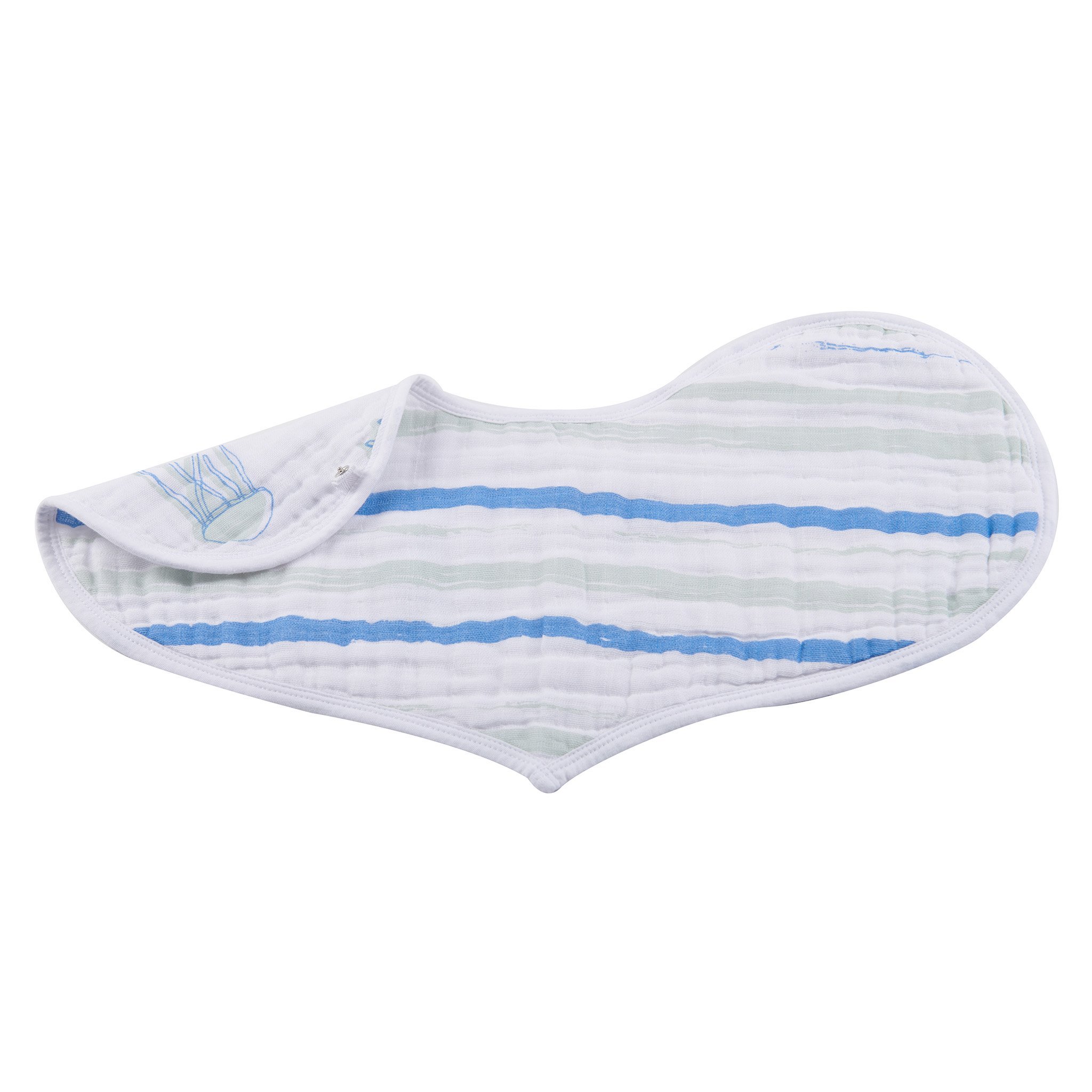 Ocean Cotton Heart Bib 2PK featuring soft, absorbent cotton muslin with a stylish heart pattern and multiple snap closures.