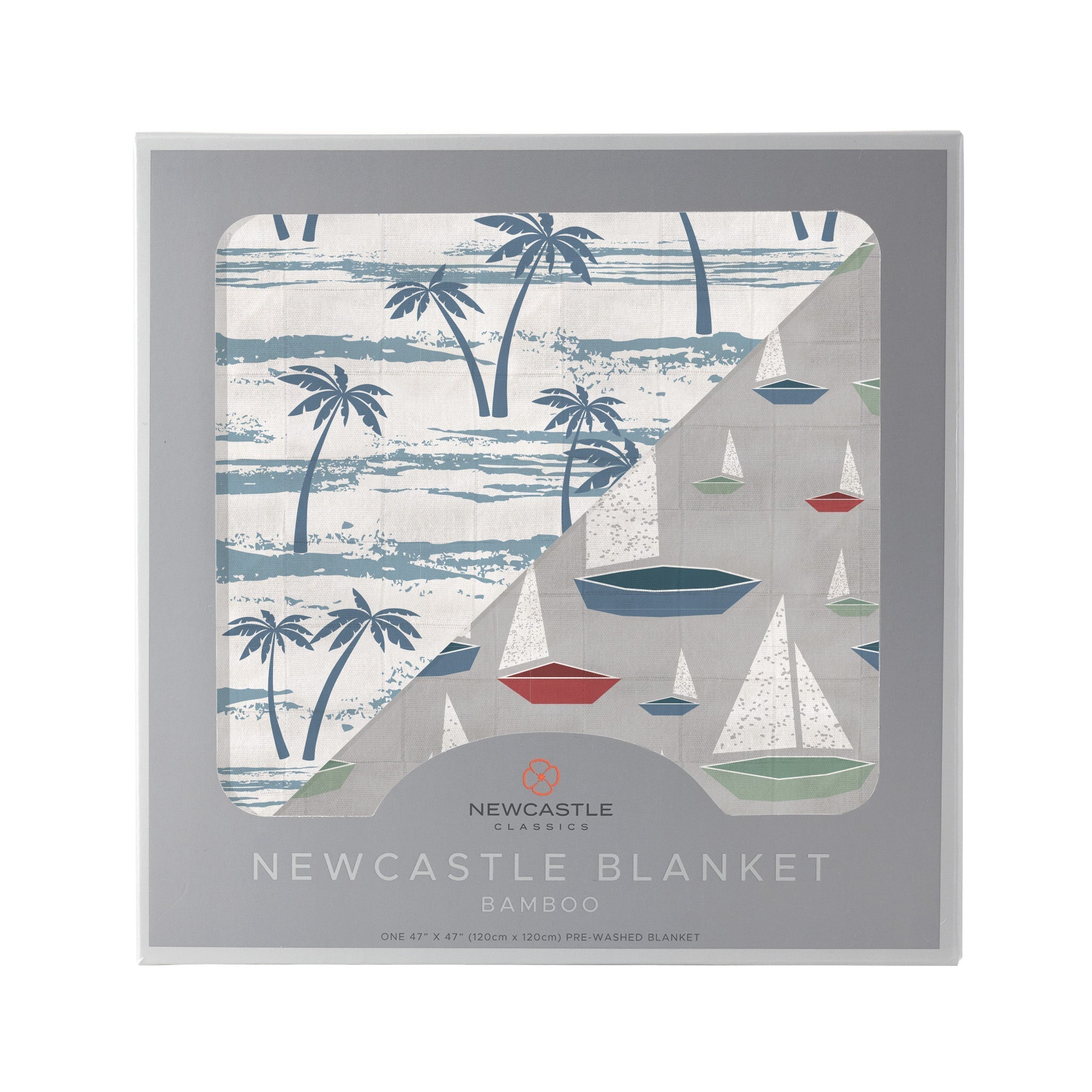 Ocean Palm Trees and Marina Sailboats Bamboo Newcastle Blanket, showcasing a vibrant ocean-themed design with palm trees and sailboats.