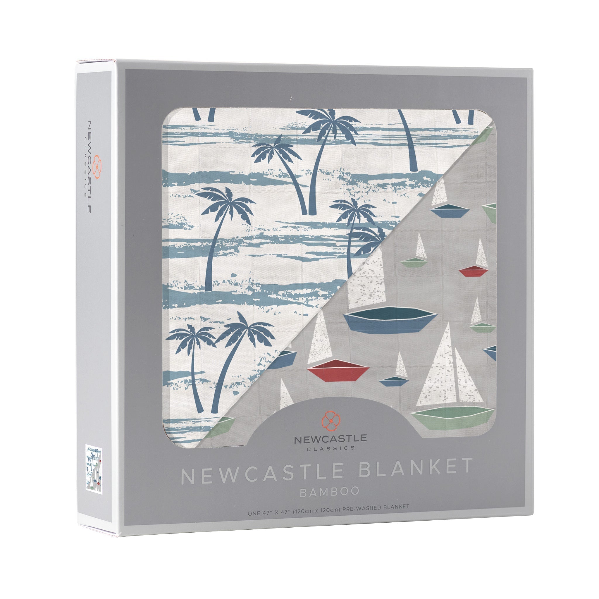 Ocean Palm Trees and Marina Sailboats Bamboo Newcastle Blanket, showcasing a vibrant ocean-themed design with palm trees and sailboats.