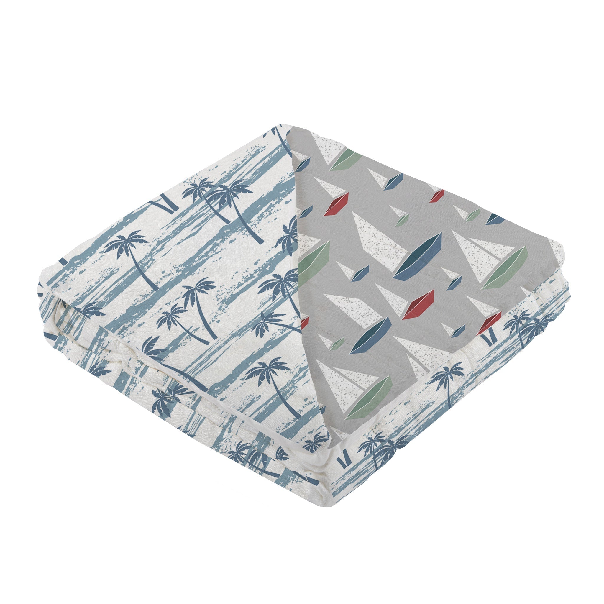 Ocean Palm Trees and Marina Sailboats Bamboo Newcastle Blanket, showcasing a vibrant ocean-themed design with palm trees and sailboats.