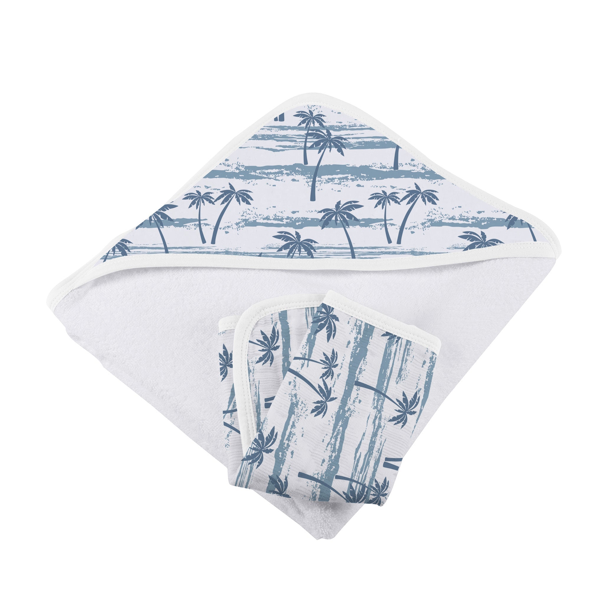 Ocean Palm Trees Bamboo Hooded Towel and Washcloth Set featuring a tropical design, made from soft natural bamboo muslin, ideal for babies.