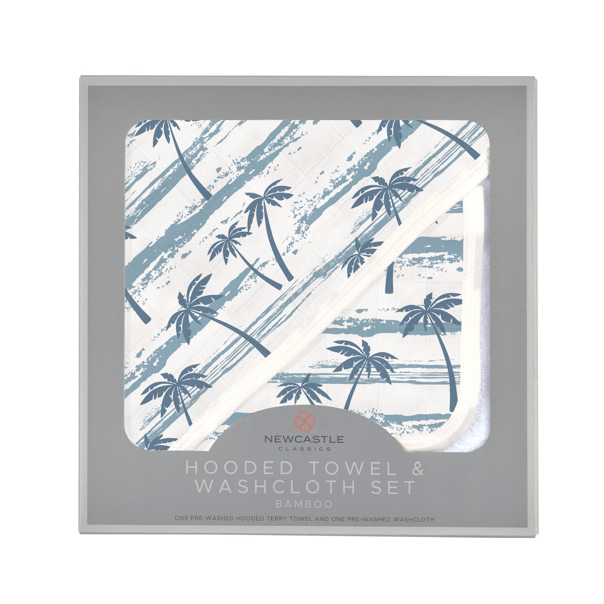 Ocean Palm Trees Bamboo Hooded Towel and Washcloth Set featuring a tropical design, made from soft natural bamboo muslin, ideal for babies.