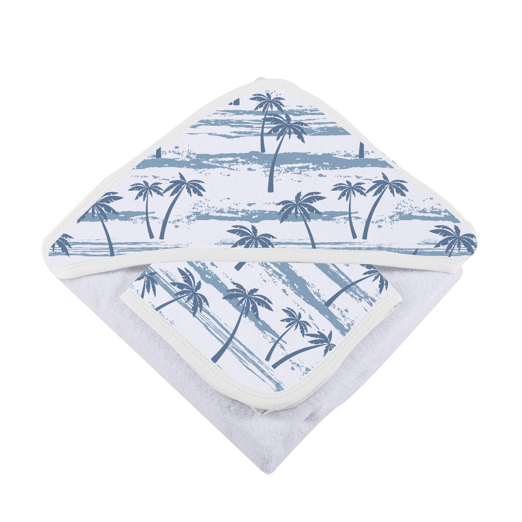 Ocean Palm Trees Bamboo Hooded Towel and Washcloth Set featuring a tropical design, made from soft natural bamboo muslin, ideal for babies.