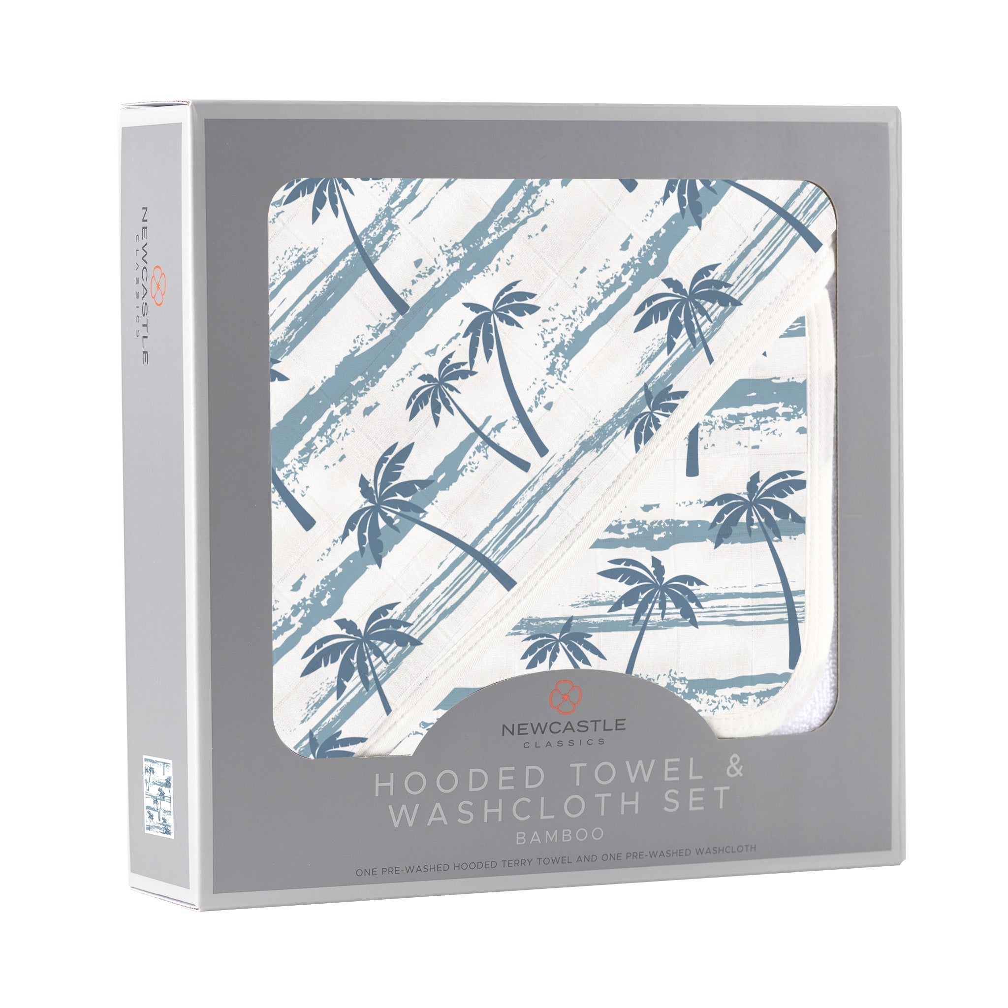 Ocean Palm Trees Bamboo Hooded Towel and Washcloth Set featuring a tropical design, made from soft natural bamboo muslin, ideal for babies.