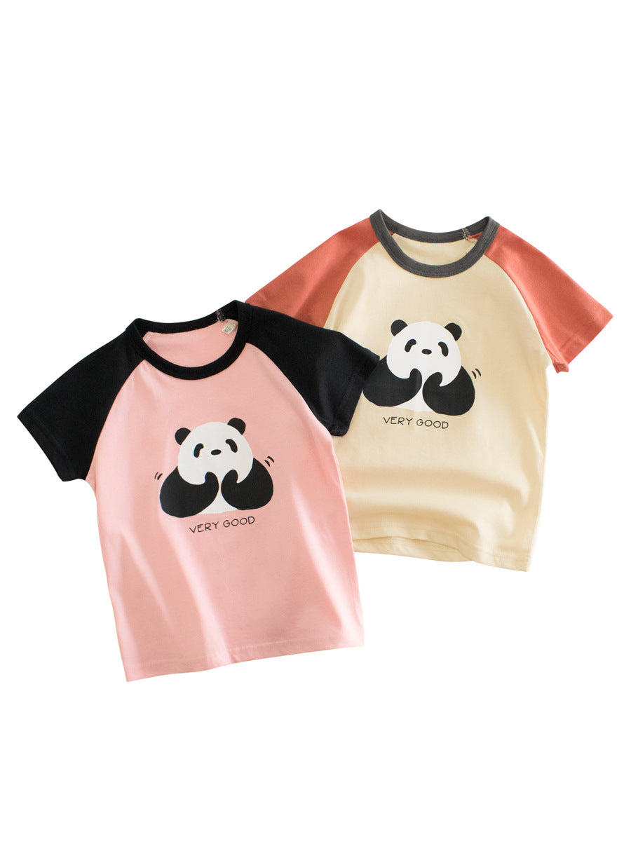 Panda Clapping Printing Girls’ Patchwork T-Shirt in pink and beige, featuring a cute panda design, perfect for summer wear.