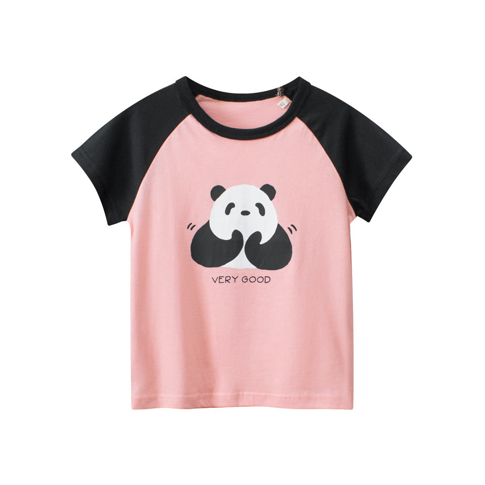 Panda Clapping Printing Girls’ Patchwork T-Shirt in pink and beige, featuring a cute panda design, perfect for summer wear.